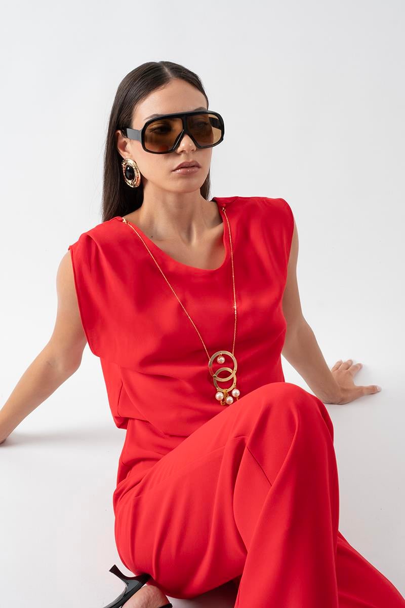 Fulgo Sırtı U Kesim Kolye Detaylı Tulum KIRMIZI