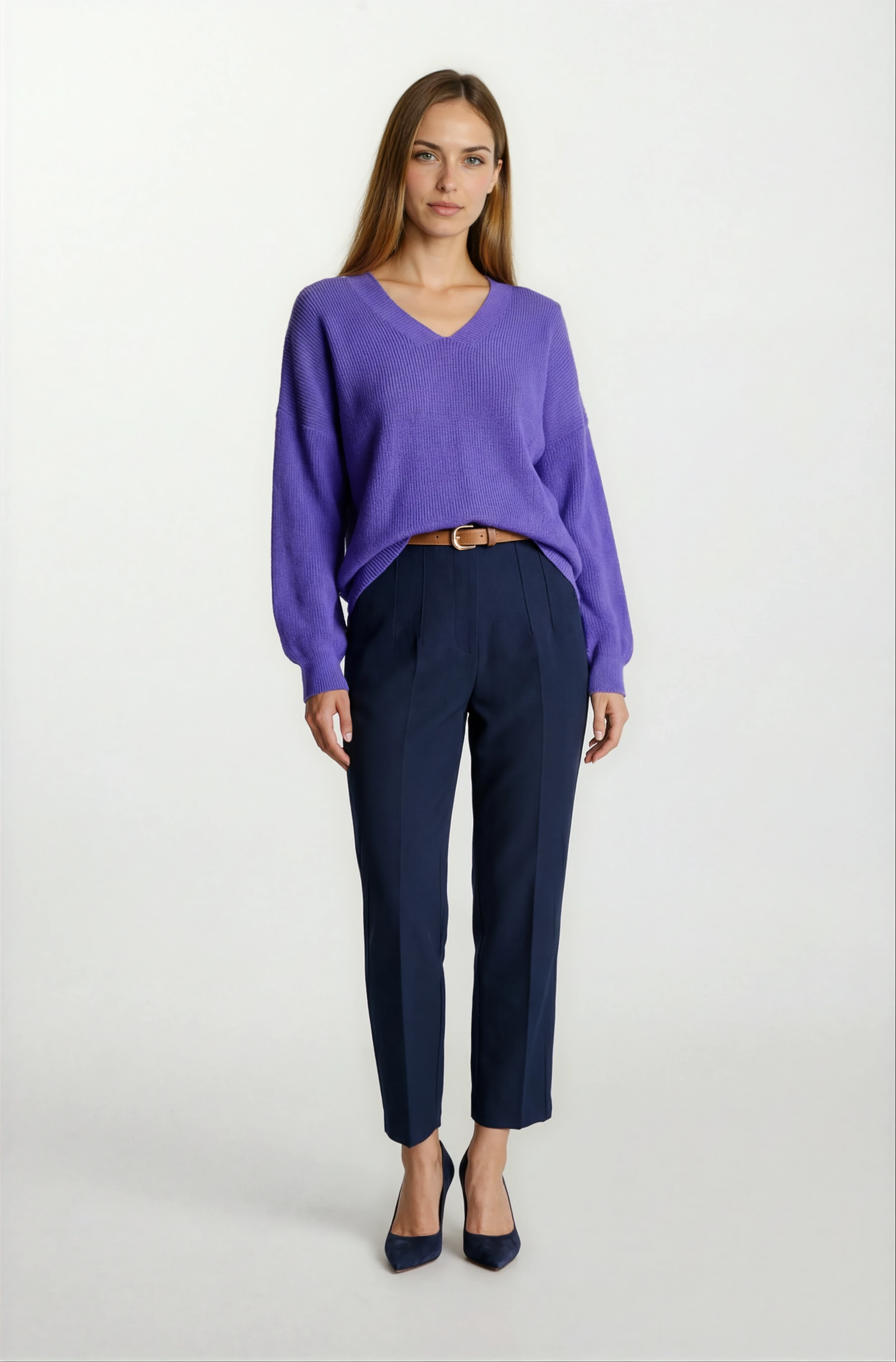 Furmann Yüksek Bel Deri Kemerli  Dar Paça Pantolon LACİVERT