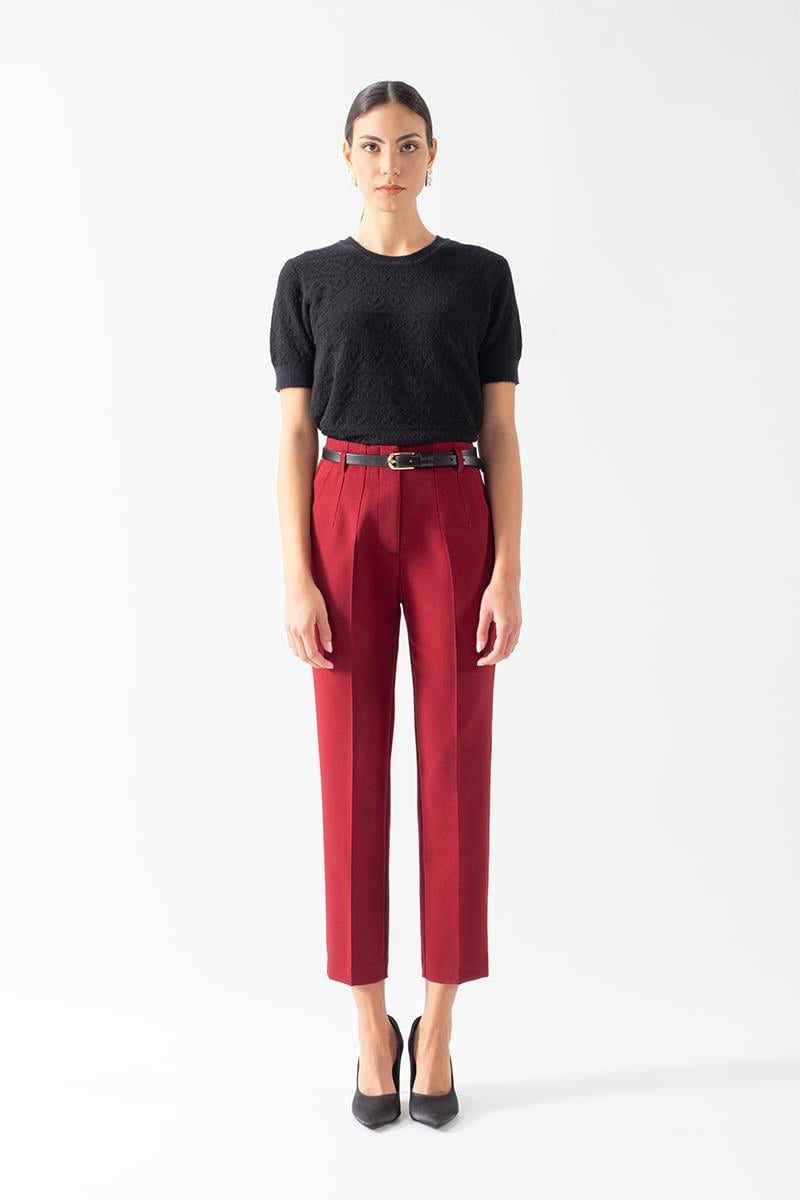 Furmann Yüksek Bel Deri Kemerli  Dar Paça Pantolon BORDO