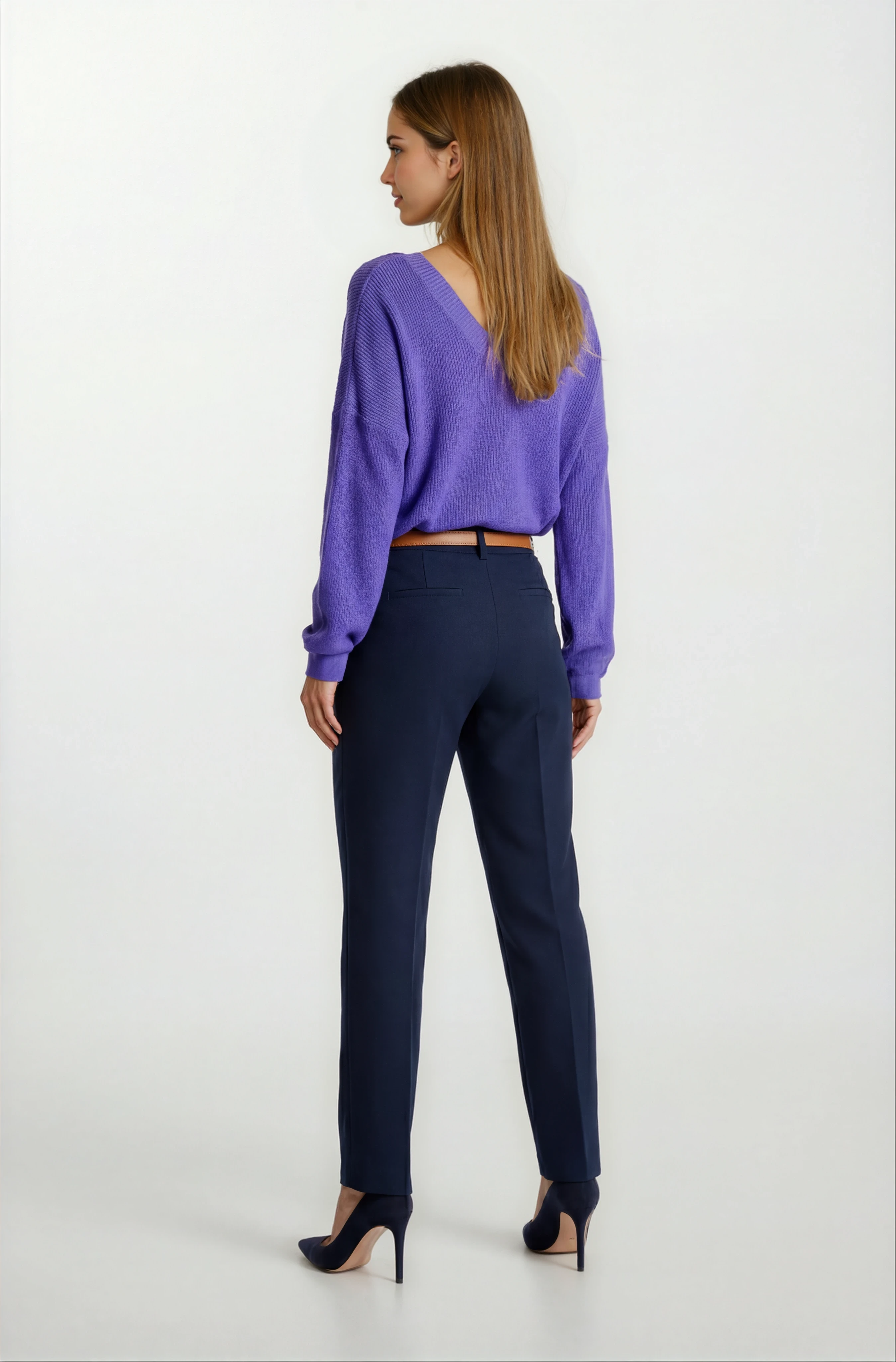 Furmann Yüksek Bel Deri Kemerli  Dar Paça Pantolon LACİVERT