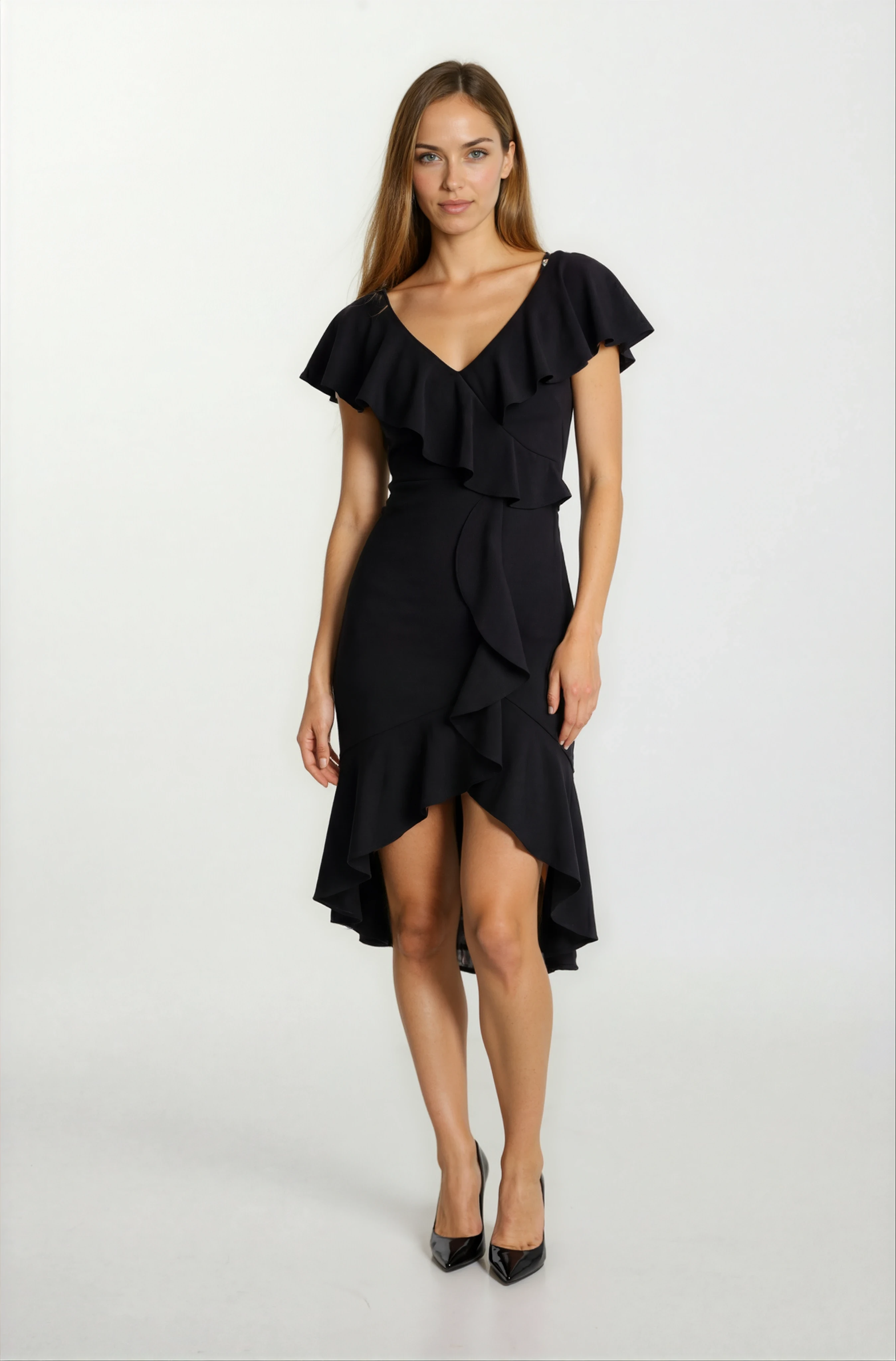 Gaya Yaka Etek Volanlı Elbise SİYAH