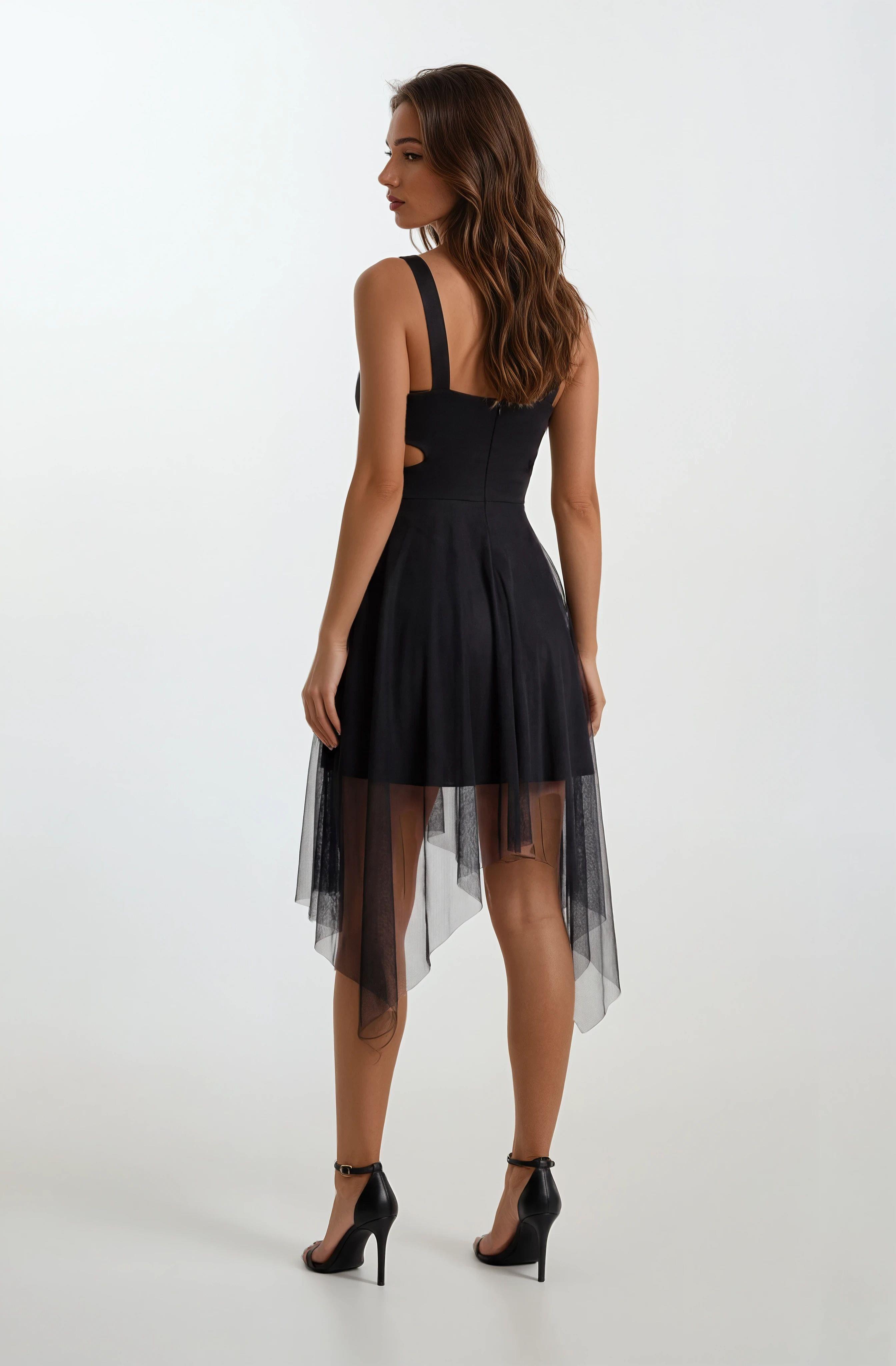 Giacoma Askılı V Yaka Yanları Açık Uzun Abiye Elbise SİYAH