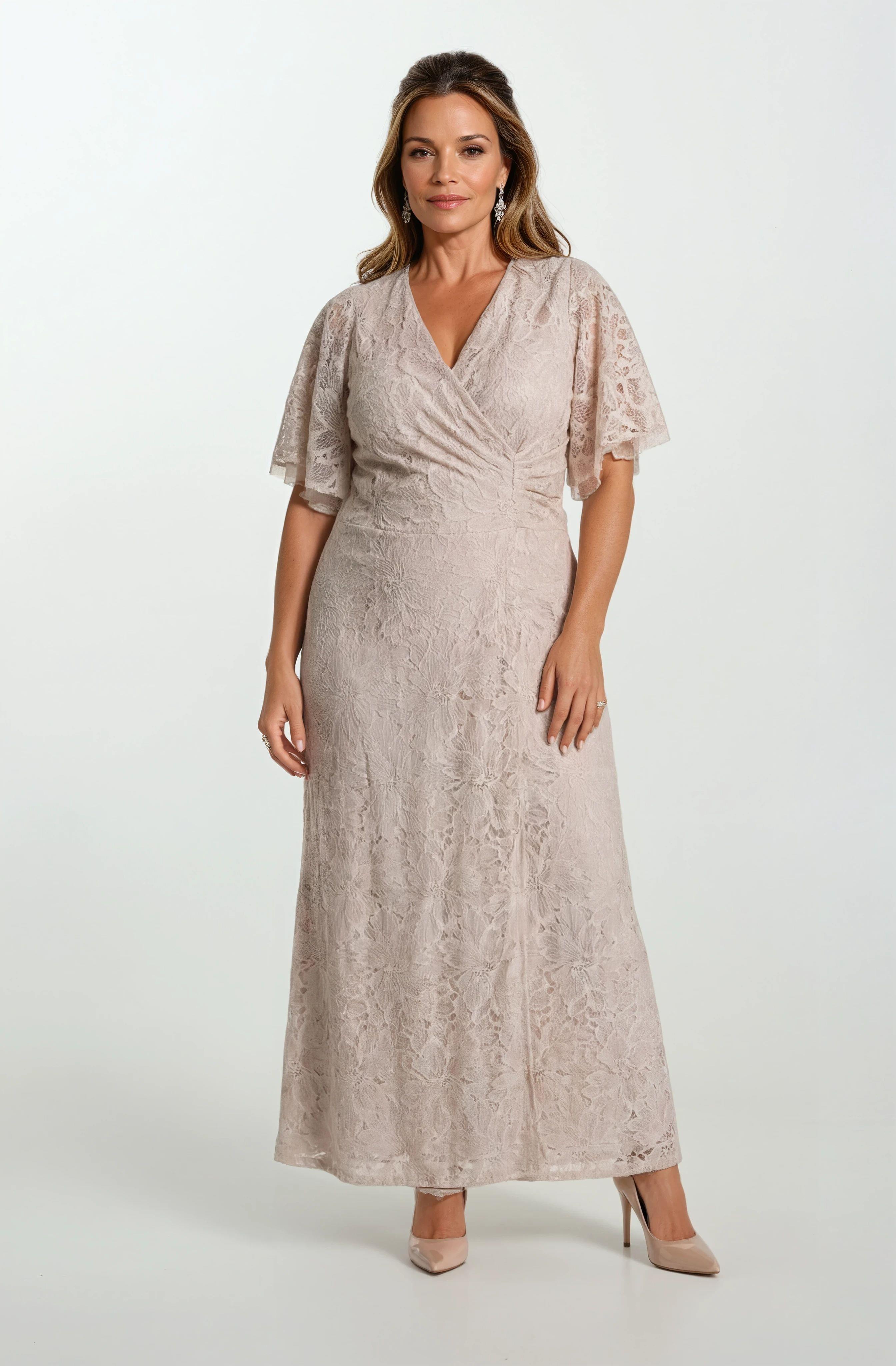 Giarrico Kruvaze Yaka Volanlı Kol Uzun Abiye Elbise VİZON