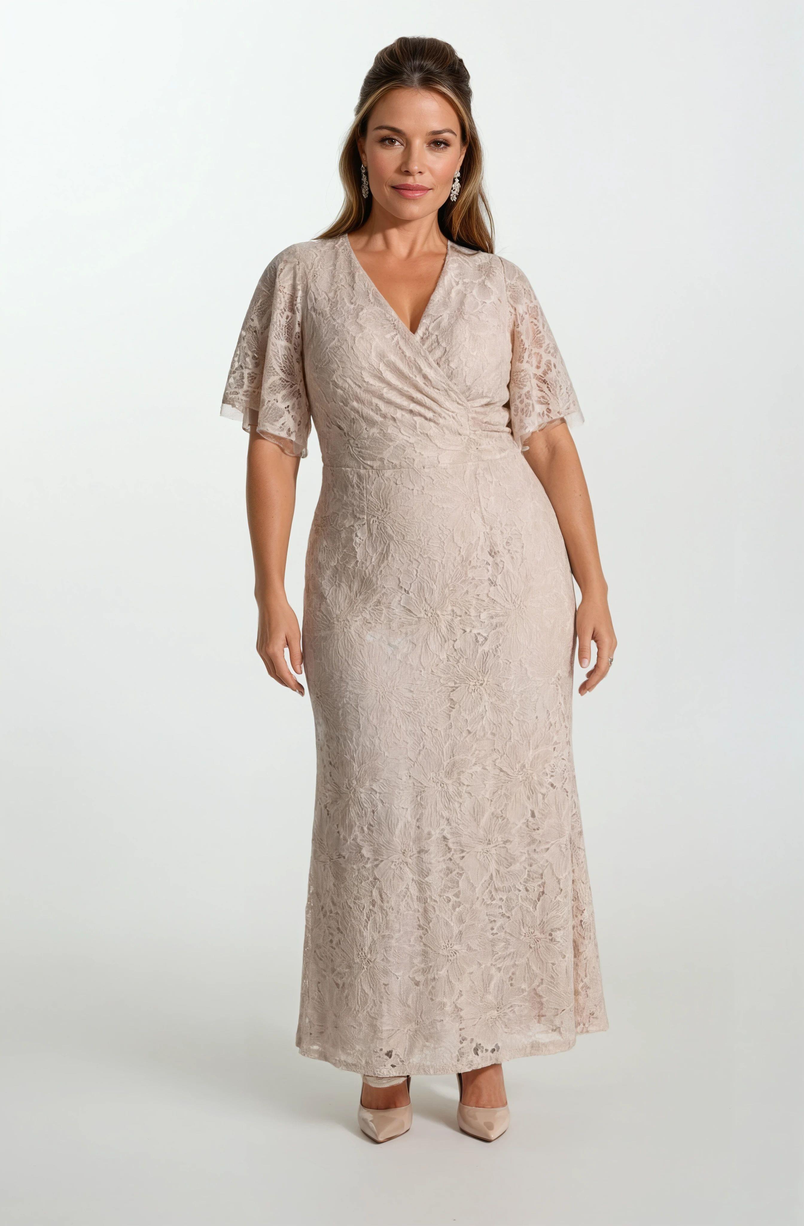 Giarrico Kruvaze Yaka Volanlı Kol Uzun Abiye Elbise VİZON