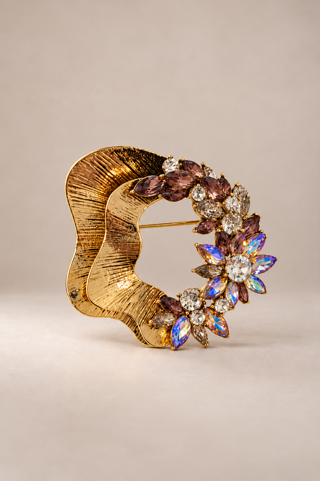 Gold Renk Kristal Taşlı Halka Broş 5 cm LİLA