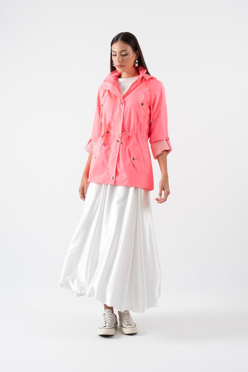 Goudot Kapüşonlu Mevsimlik Parka – Beli Büzgülü, Çıtçıt Detaylı PEMBE