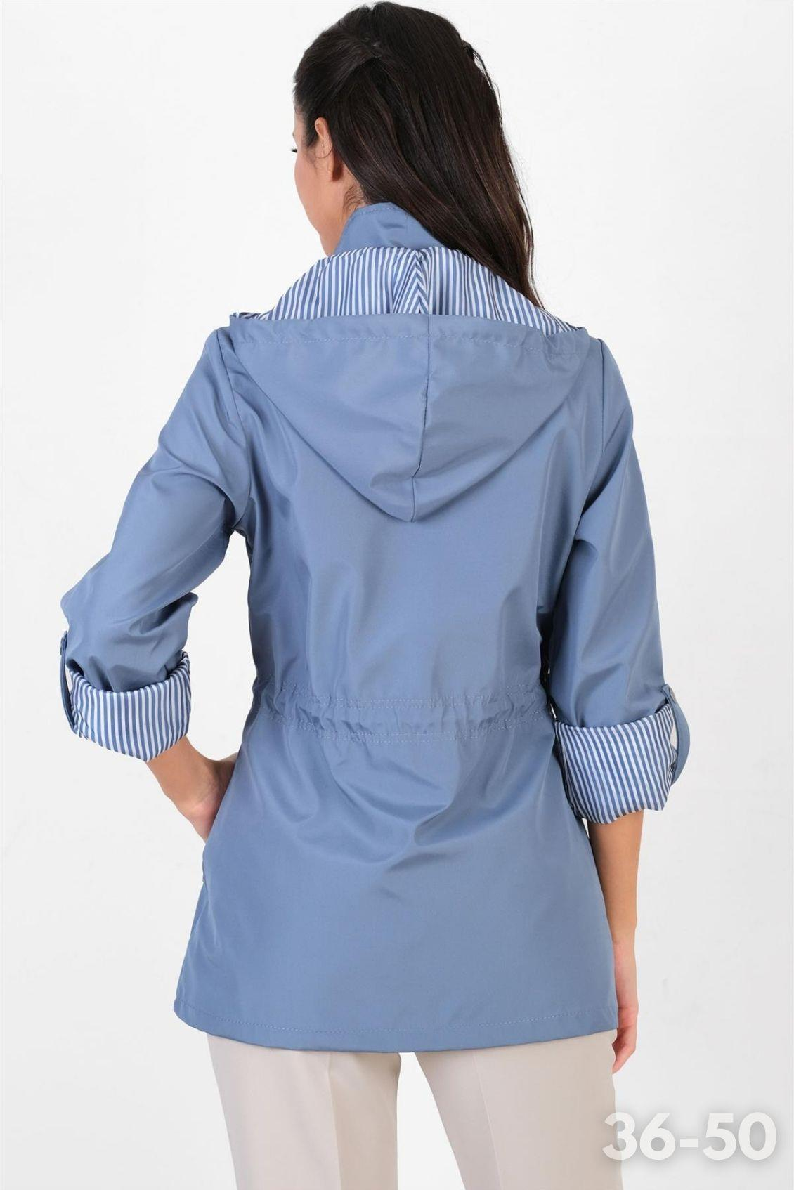 Goudot Kapüşonlu Mevsimlik Parka – Beli Büzgülü, Çıtçıt Detaylı İNDİGO