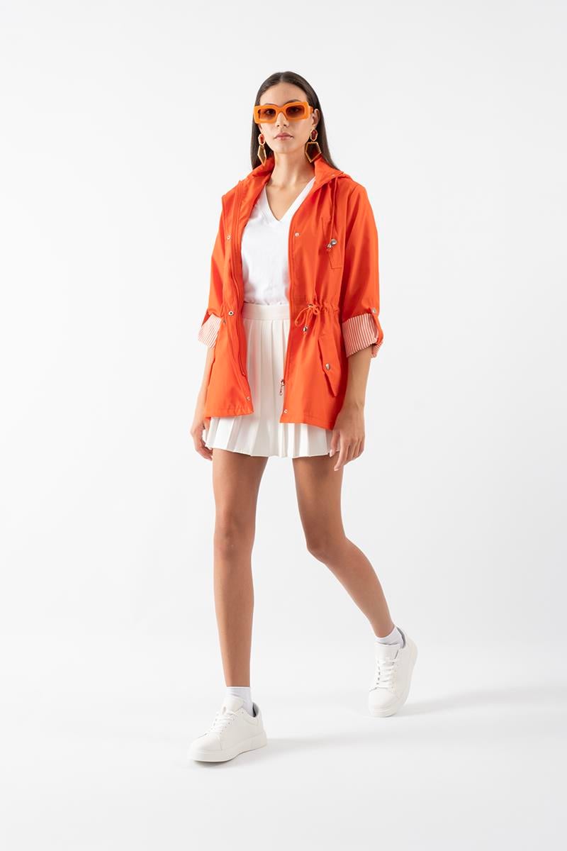 Goudot Kapüşonlu Mevsimlik Parka – Beli Büzgülü, Çıtçıt Detaylı TURUNCU