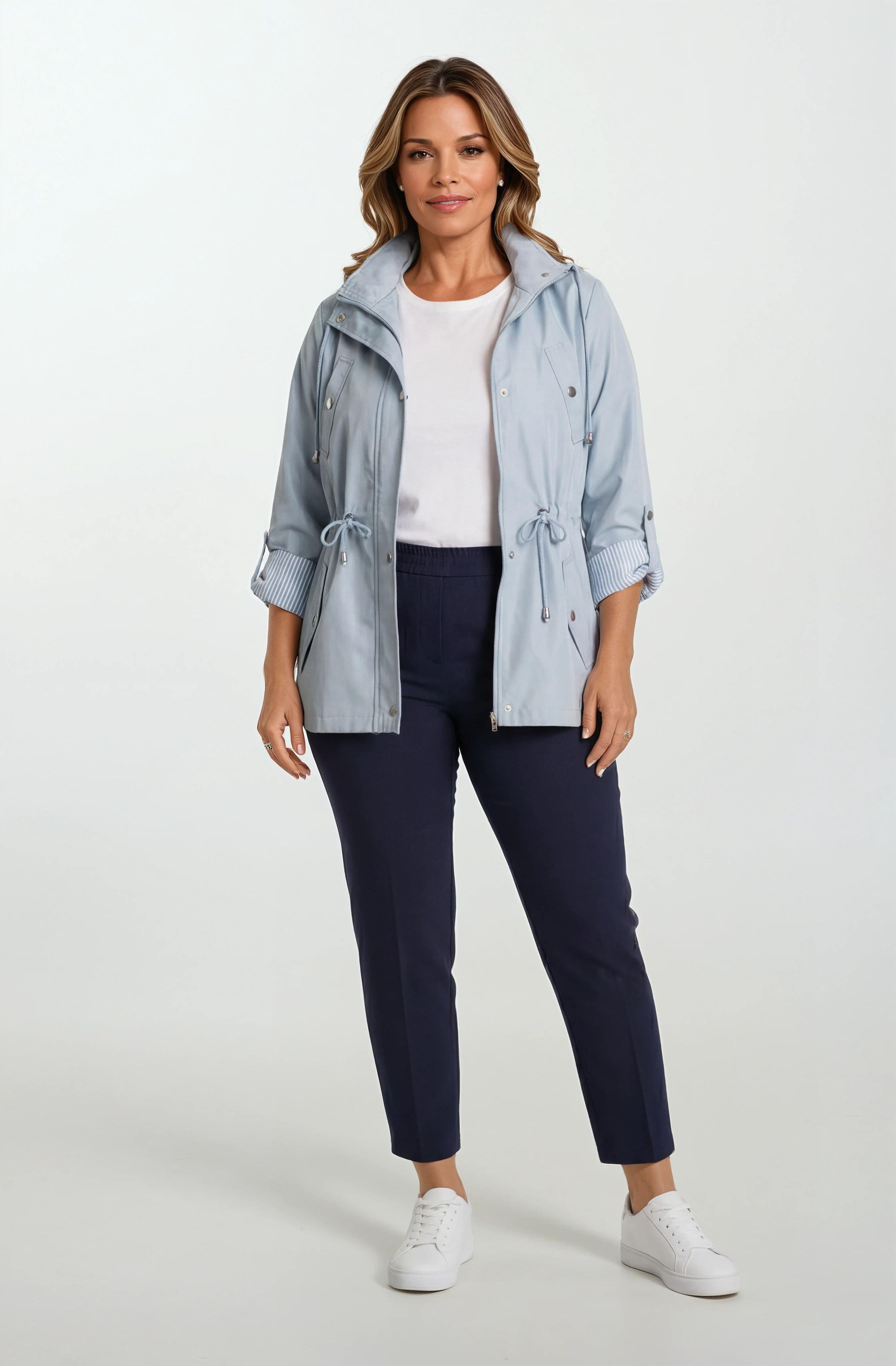 Goudot Kapüşonlu Mevsimlik Parka – Beli Büzgülü, Çıtçıt Detaylı MAVİ