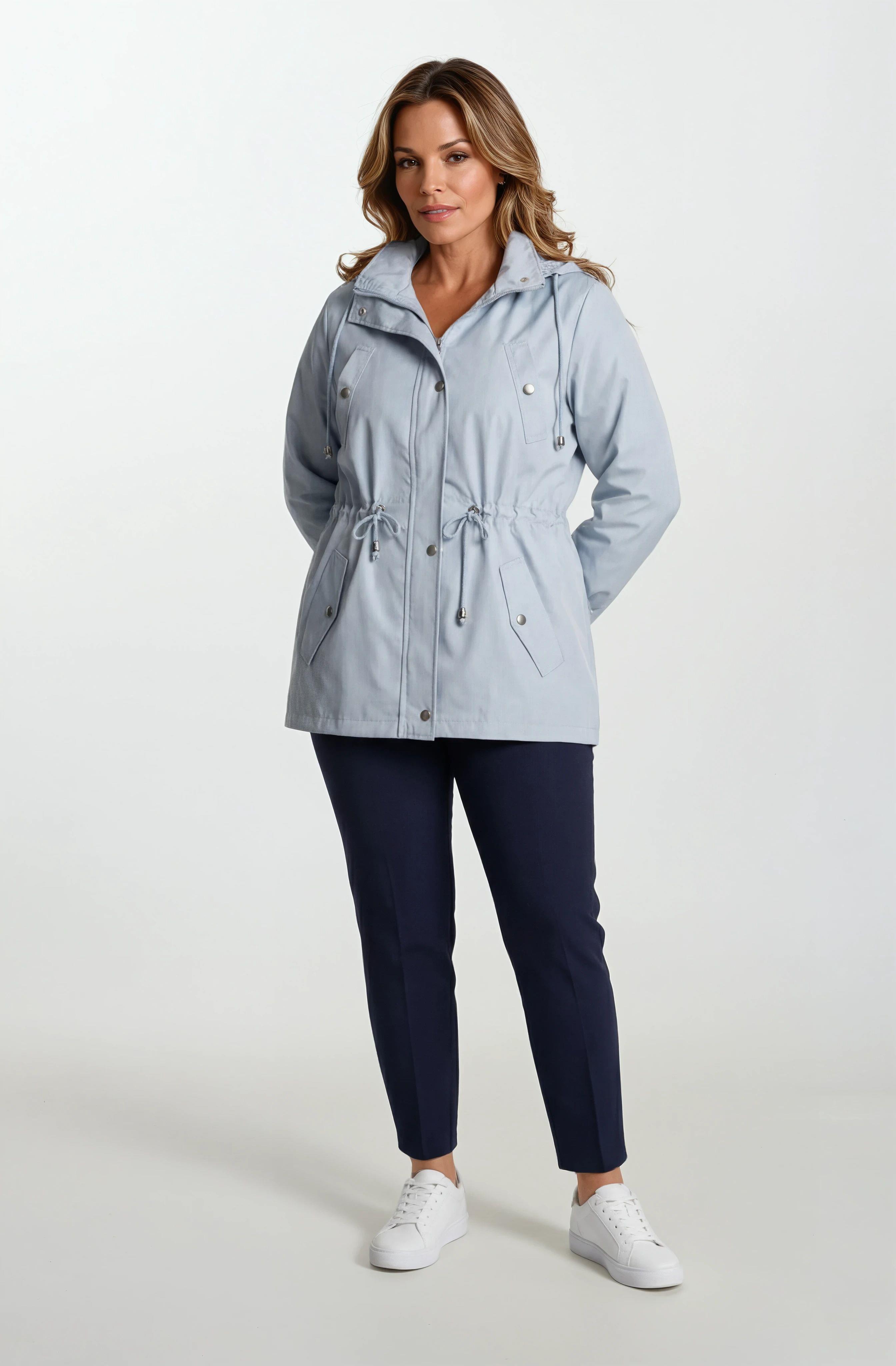 Goudot Kapüşonlu Mevsimlik Parka – Beli Büzgülü, Çıtçıt Detaylı MAVİ