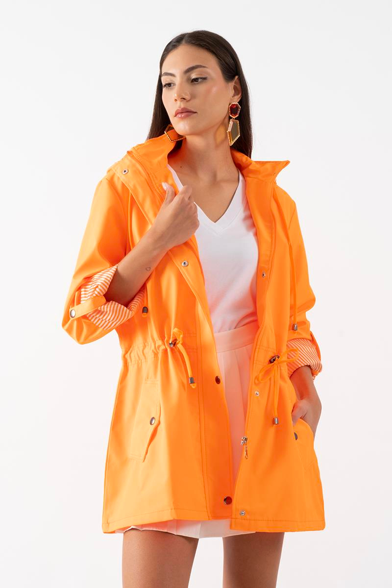 Goudot Kapüşonlu Mevsimlik Parka – Beli Büzgülü, Çıtçıt Detaylı ORANJ