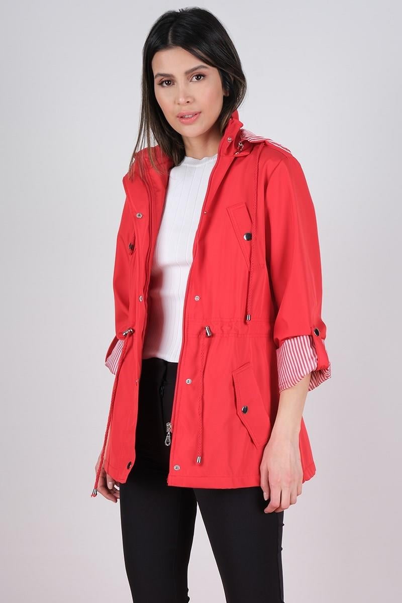 Goudot Kapüşonlu Mevsimlik Parka – Beli Büzgülü, Çıtçıt Detaylı KIRMIZI