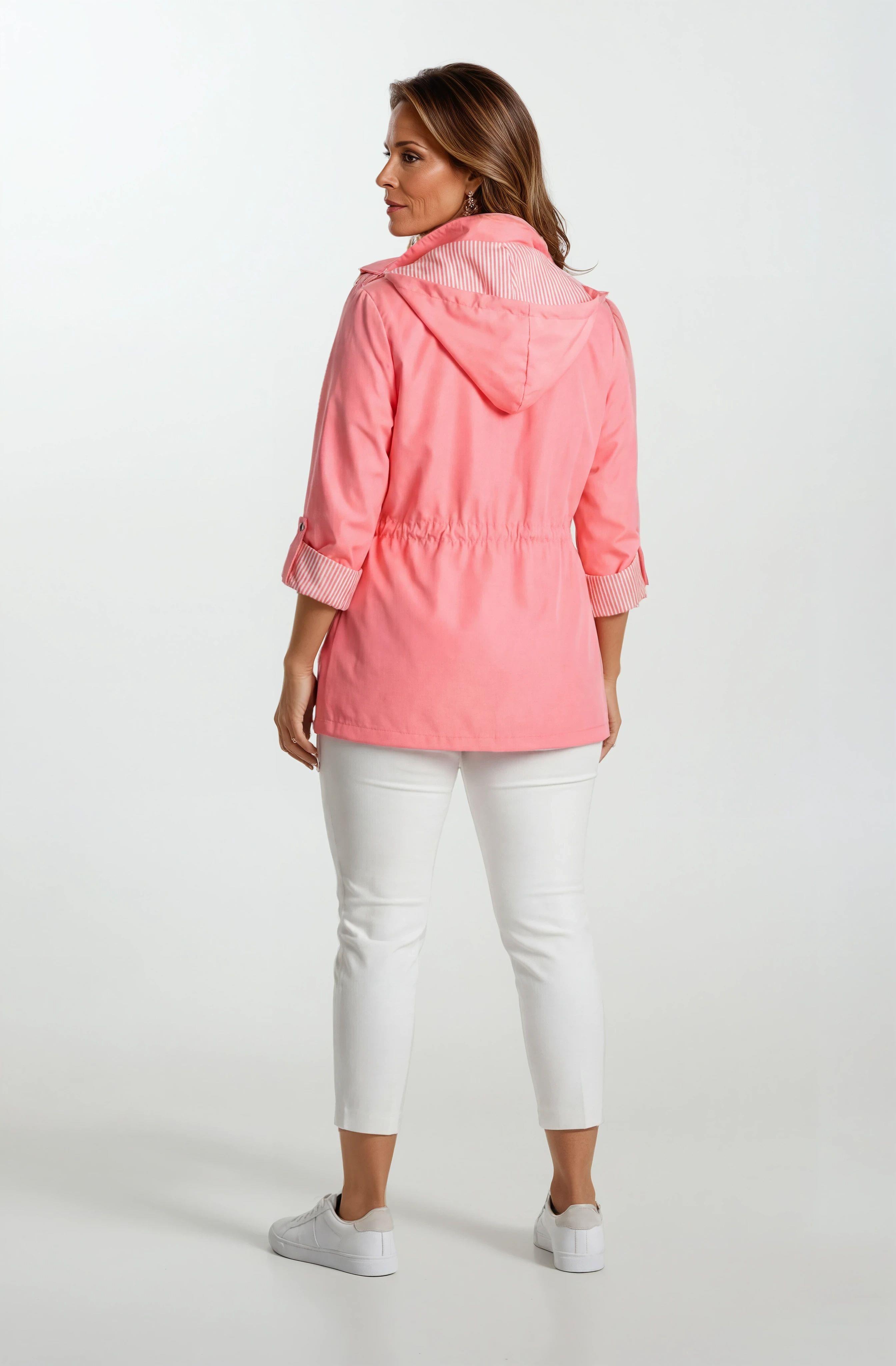 Goudot Kapüşonlu Mevsimlik Parka – Beli Büzgülü, Çıtçıt Detaylı PEMBE