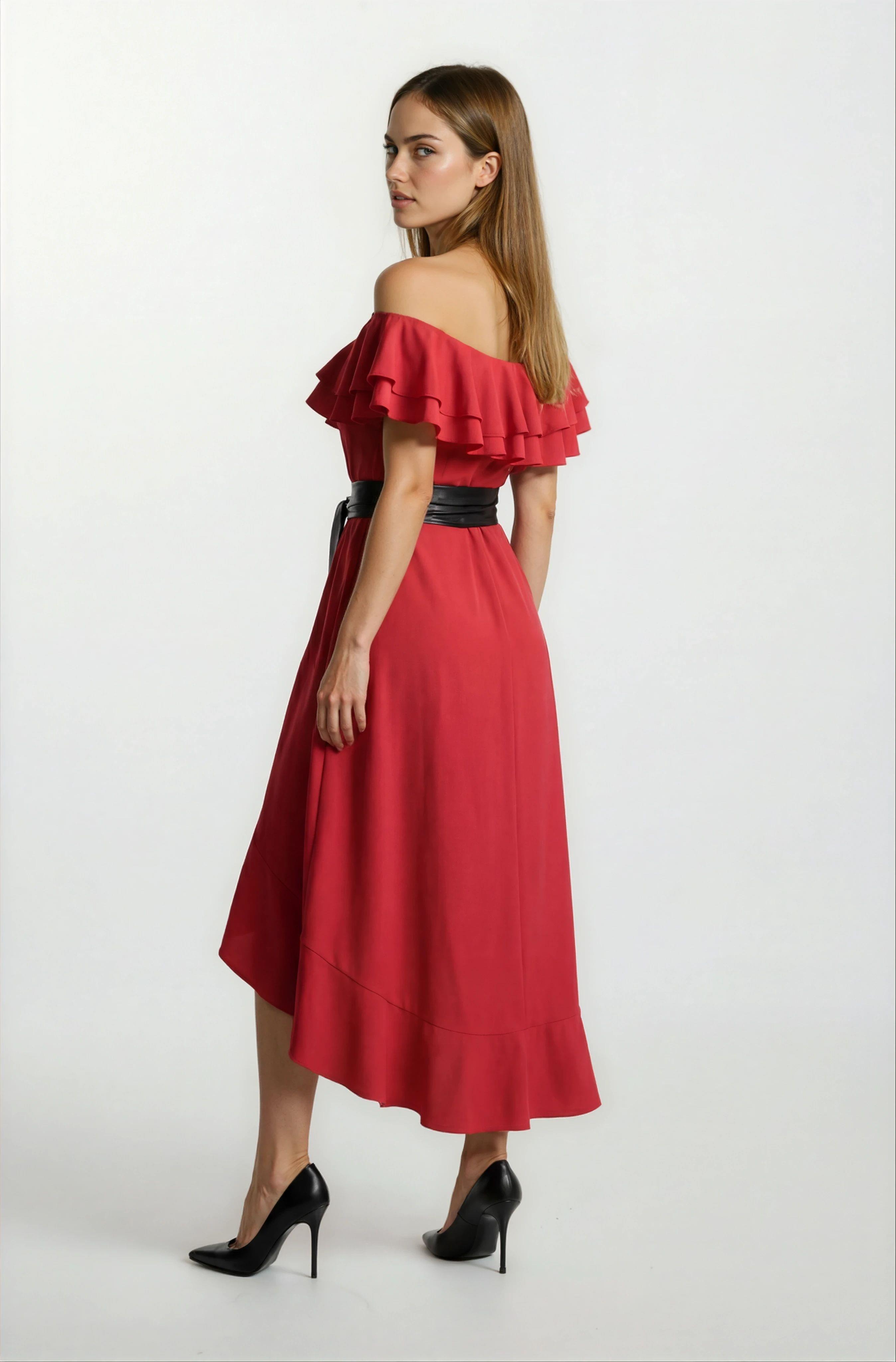 Harden Volanlı  Uzun Abiye Elbise KIRMIZI