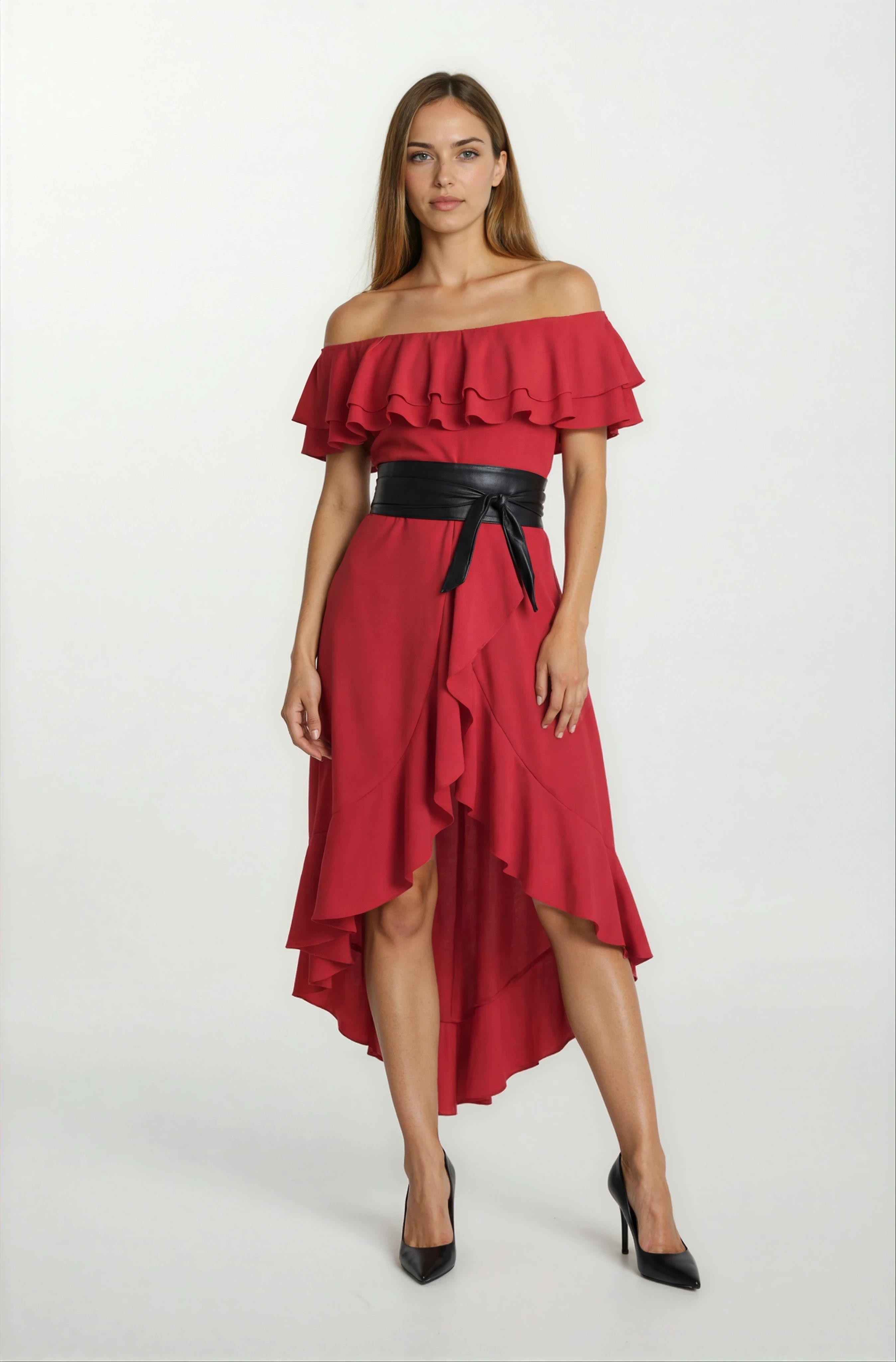 Harden Volanlı  Uzun Abiye Elbise KIRMIZI