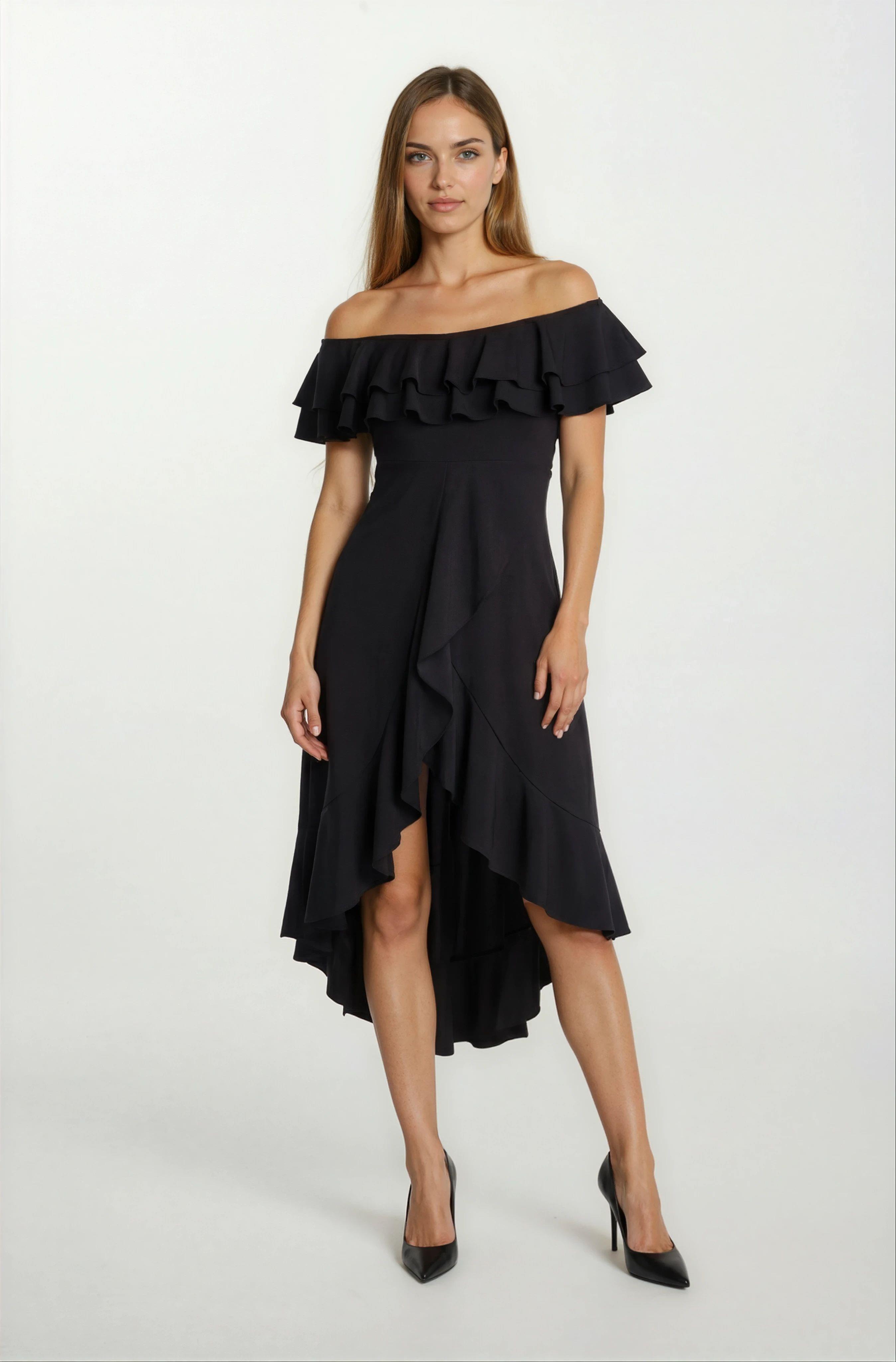 Harden Volanlı  Uzun Abiye Elbise SİYAH