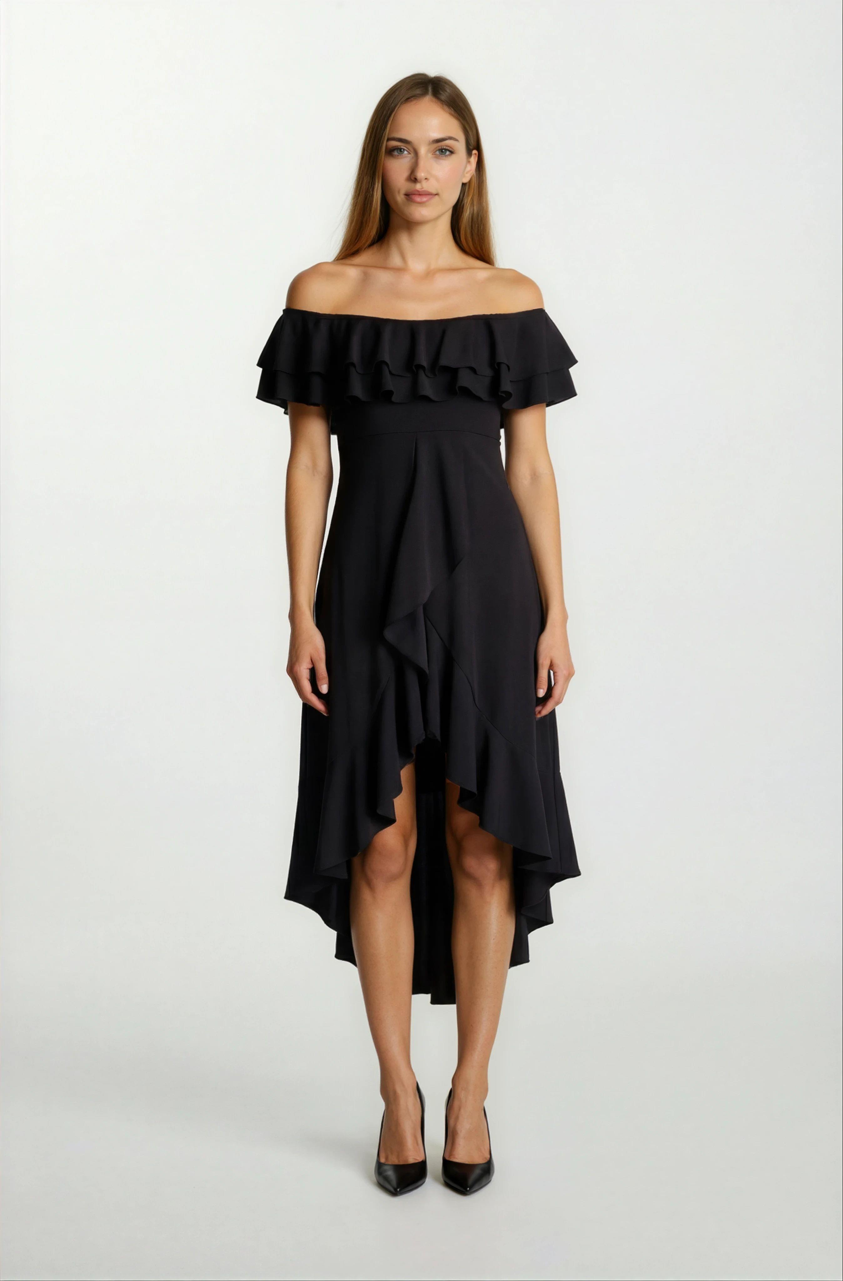 Harden Volanlı  Uzun Abiye Elbise SİYAH