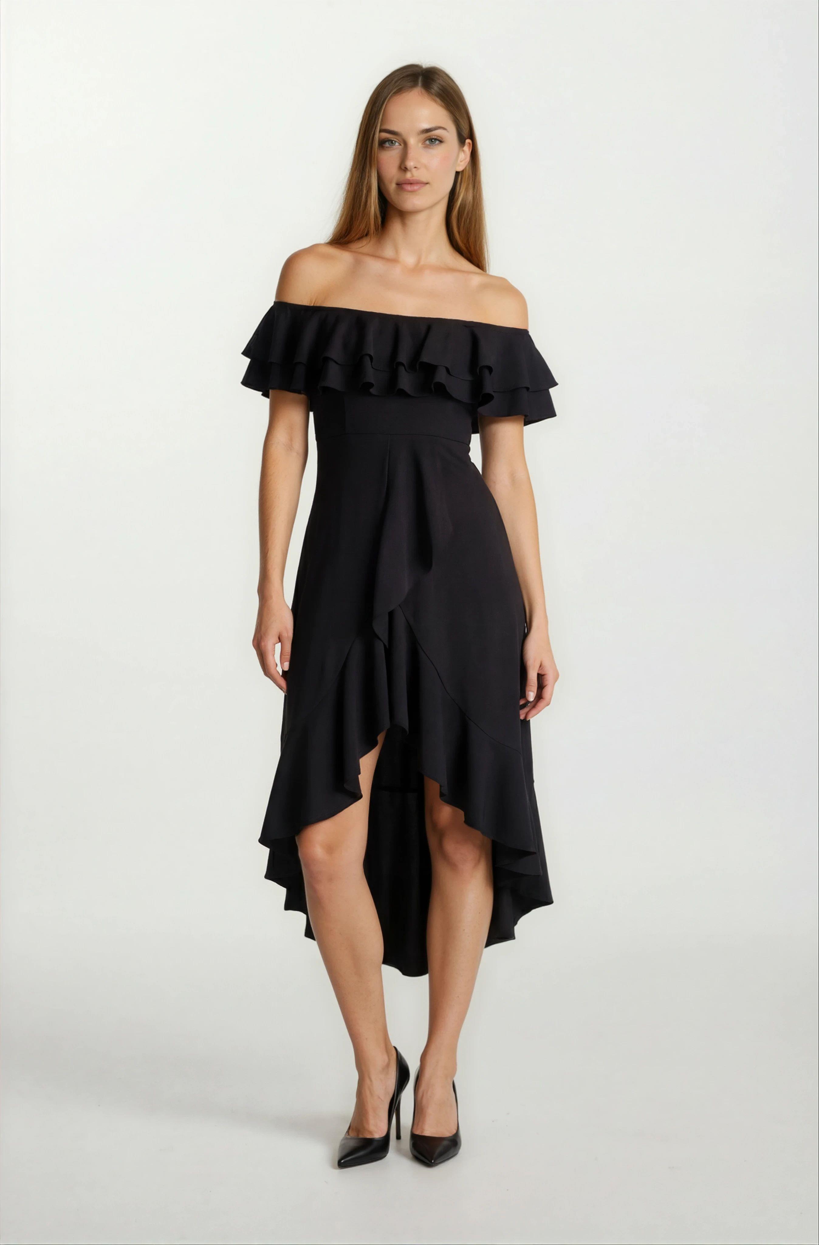 Harden Volanlı  Uzun Abiye Elbise SİYAH