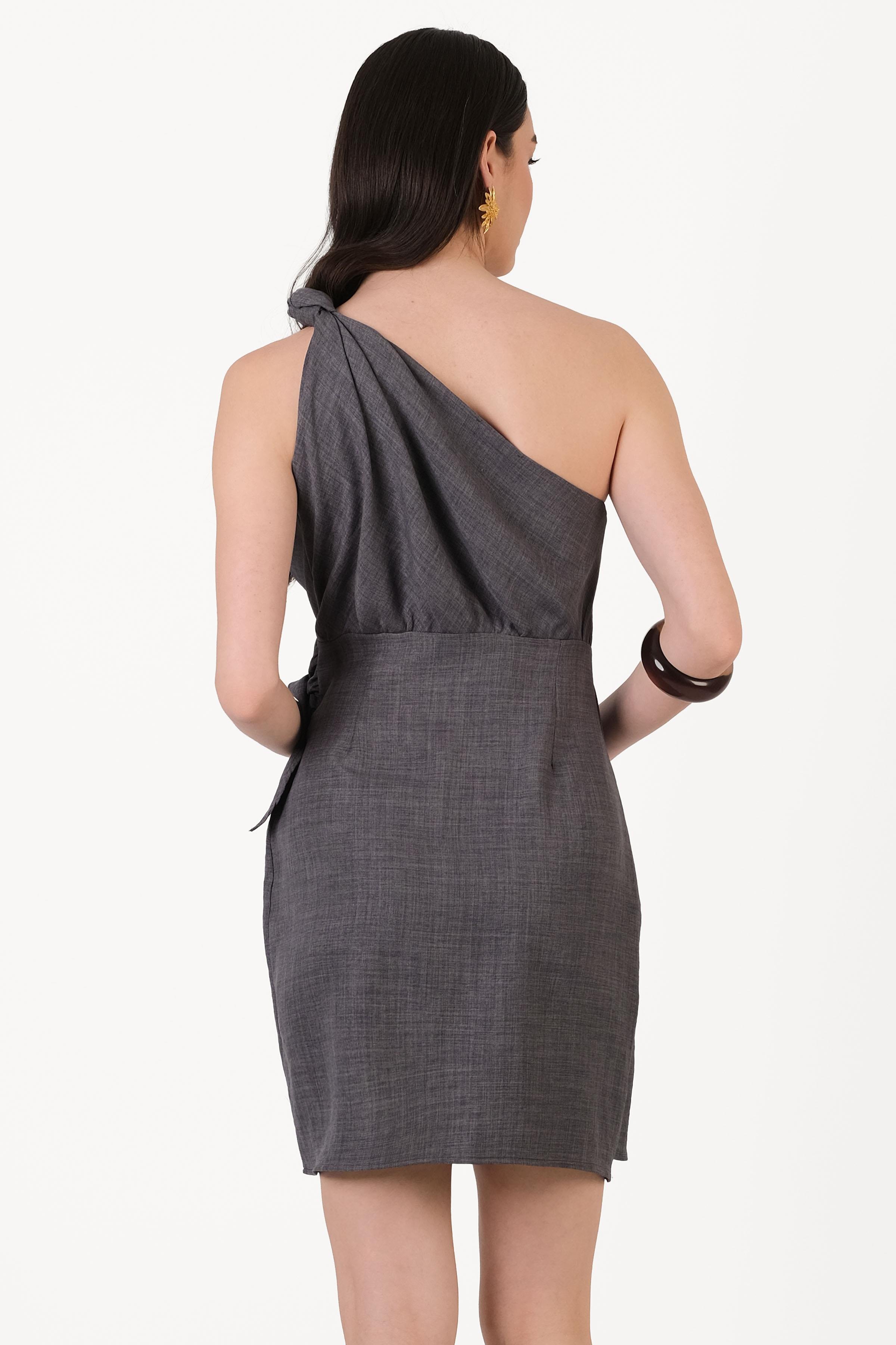 İmezia Tek Omuz Düğümlü Yandan Bağlamalı Elbise ANTRASİT