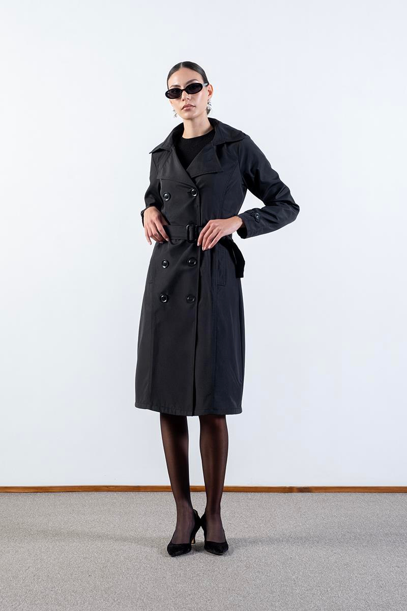 İmperatrice Kruvaze Yaka Kuşaklı Trençkot SİYAH