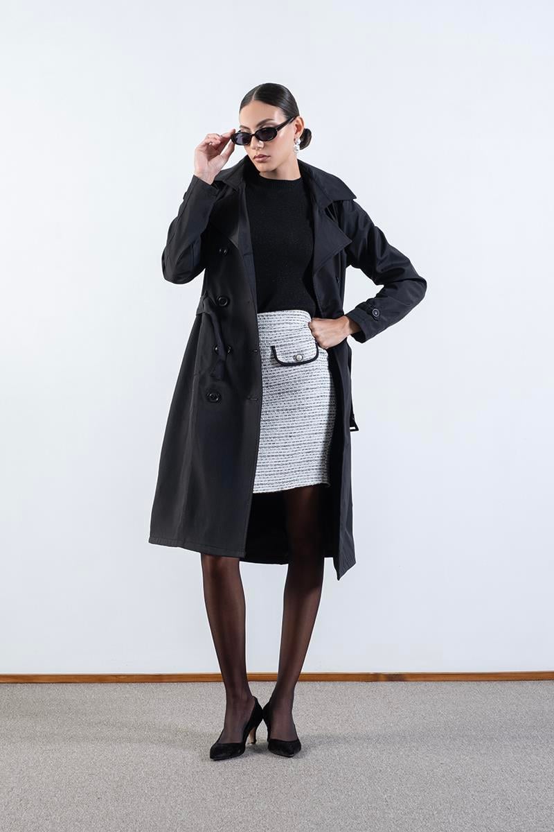 İmperatrice Kruvaze Yaka Kuşaklı Trençkot SİYAH