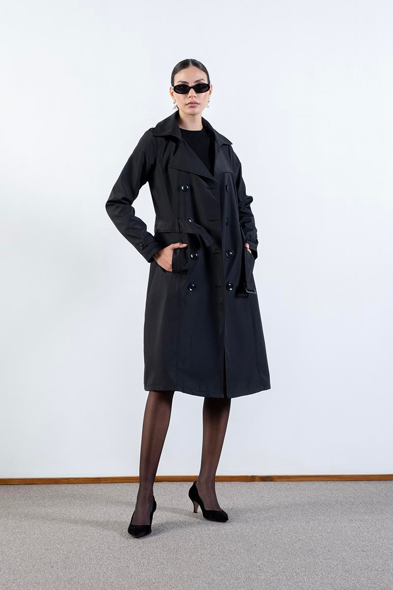 İmperatrice Kruvaze Yaka Kuşaklı Trençkot SİYAH