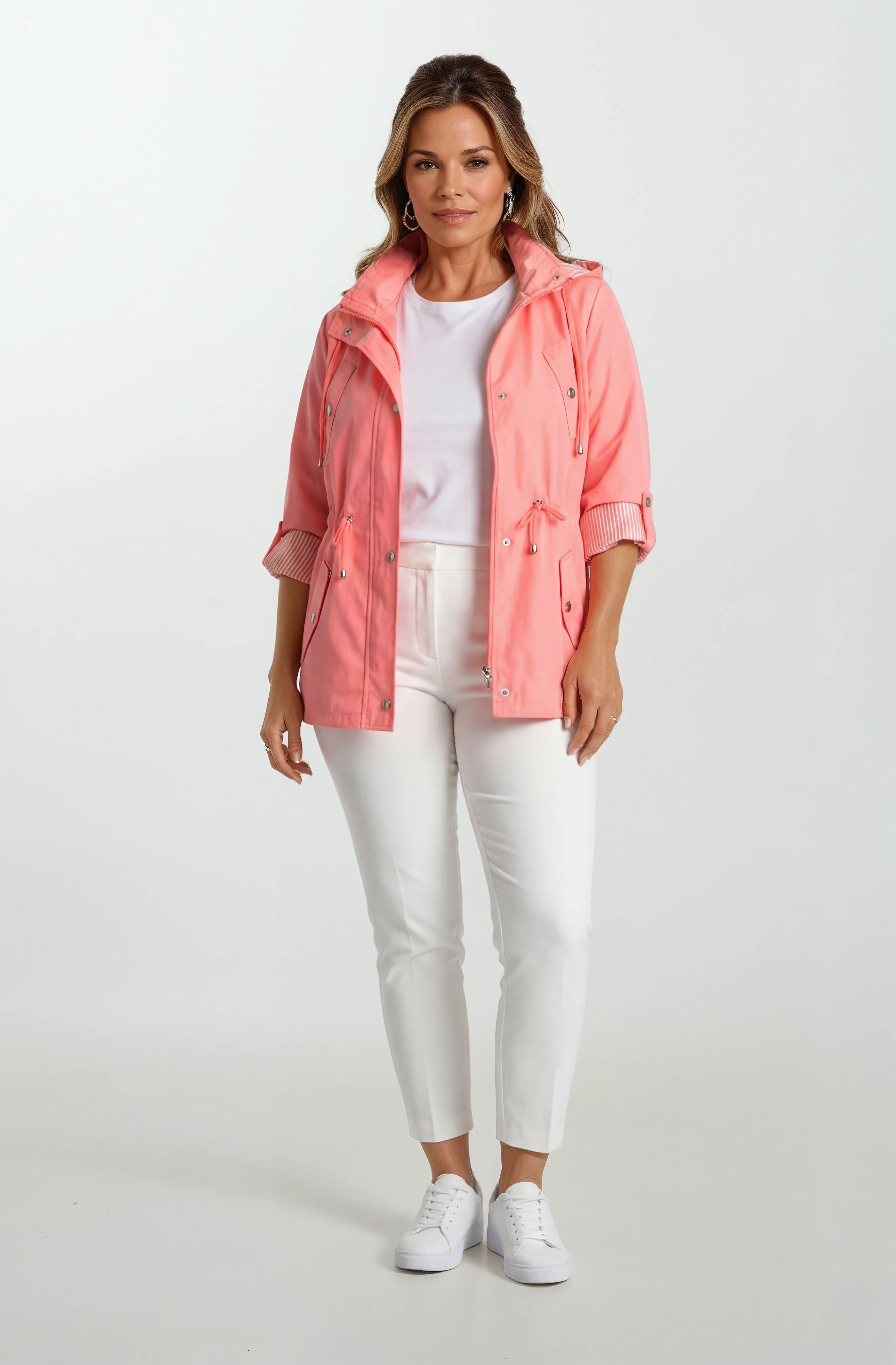 İnce Astarlı Su İtici Kapüşonlu Baharlık Kısa Parka 36-50 – Goudot PEMBE