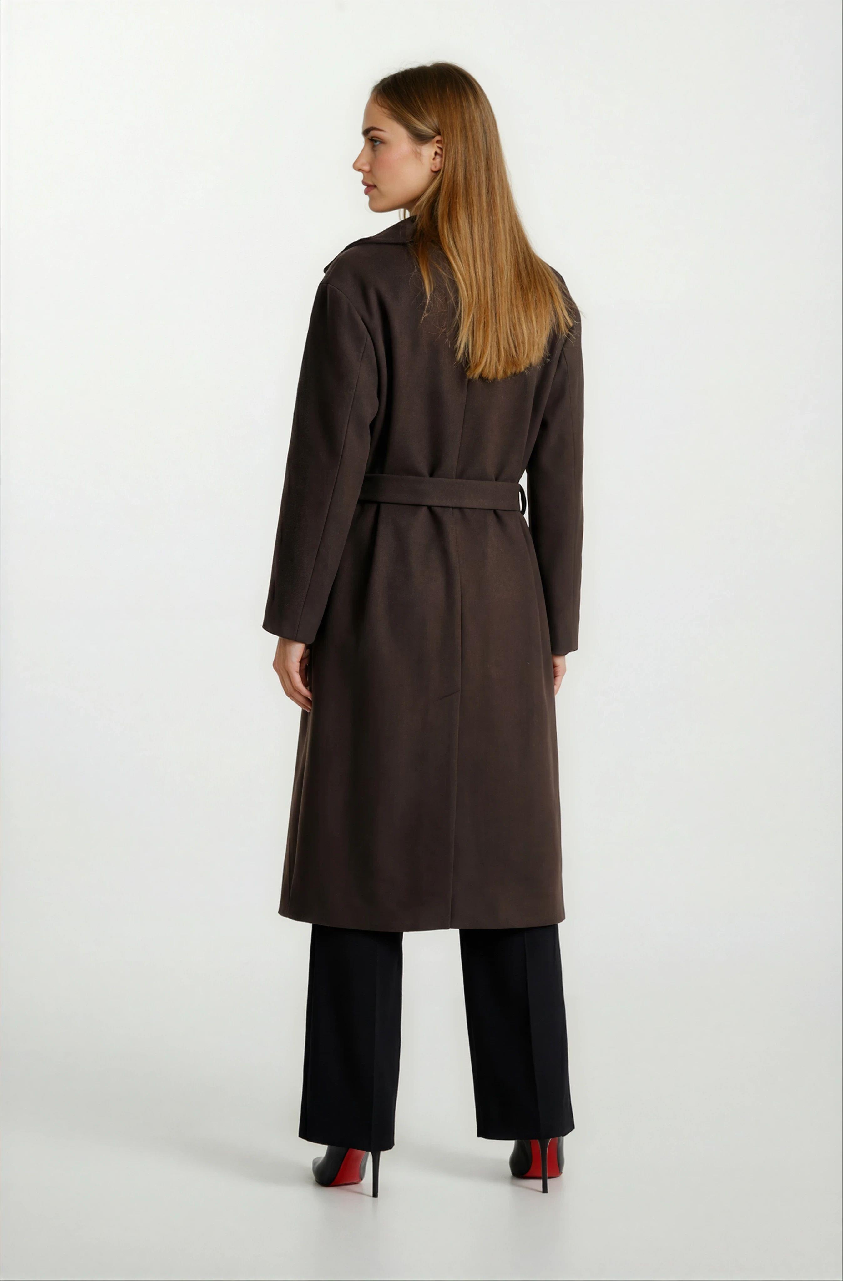 İtaliano Kruvaze Geniş Yaka Kuşaklı Kaban KAHVE