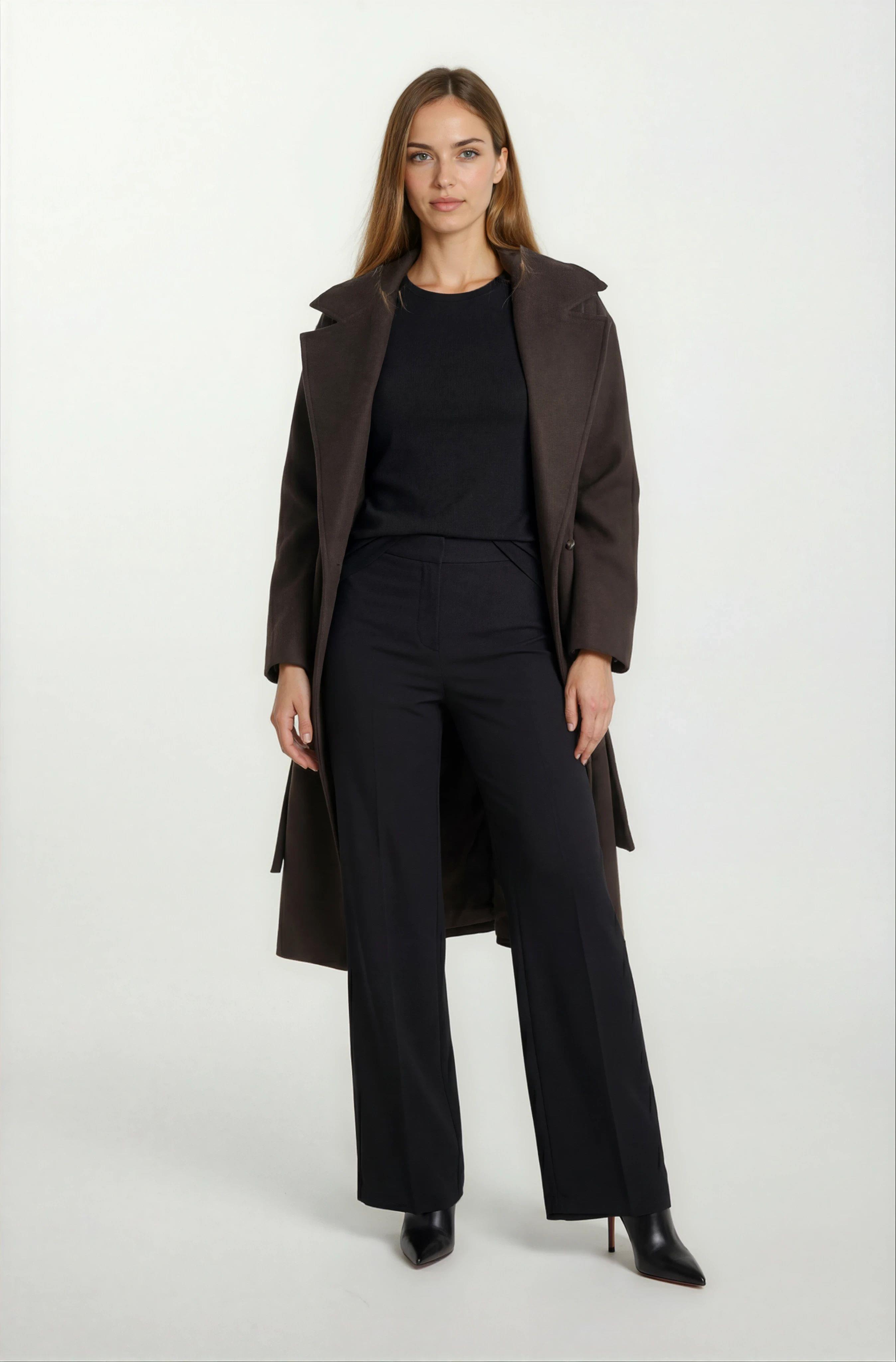 İtaliano Kruvaze Geniş Yaka Kuşaklı Kaban KAHVE