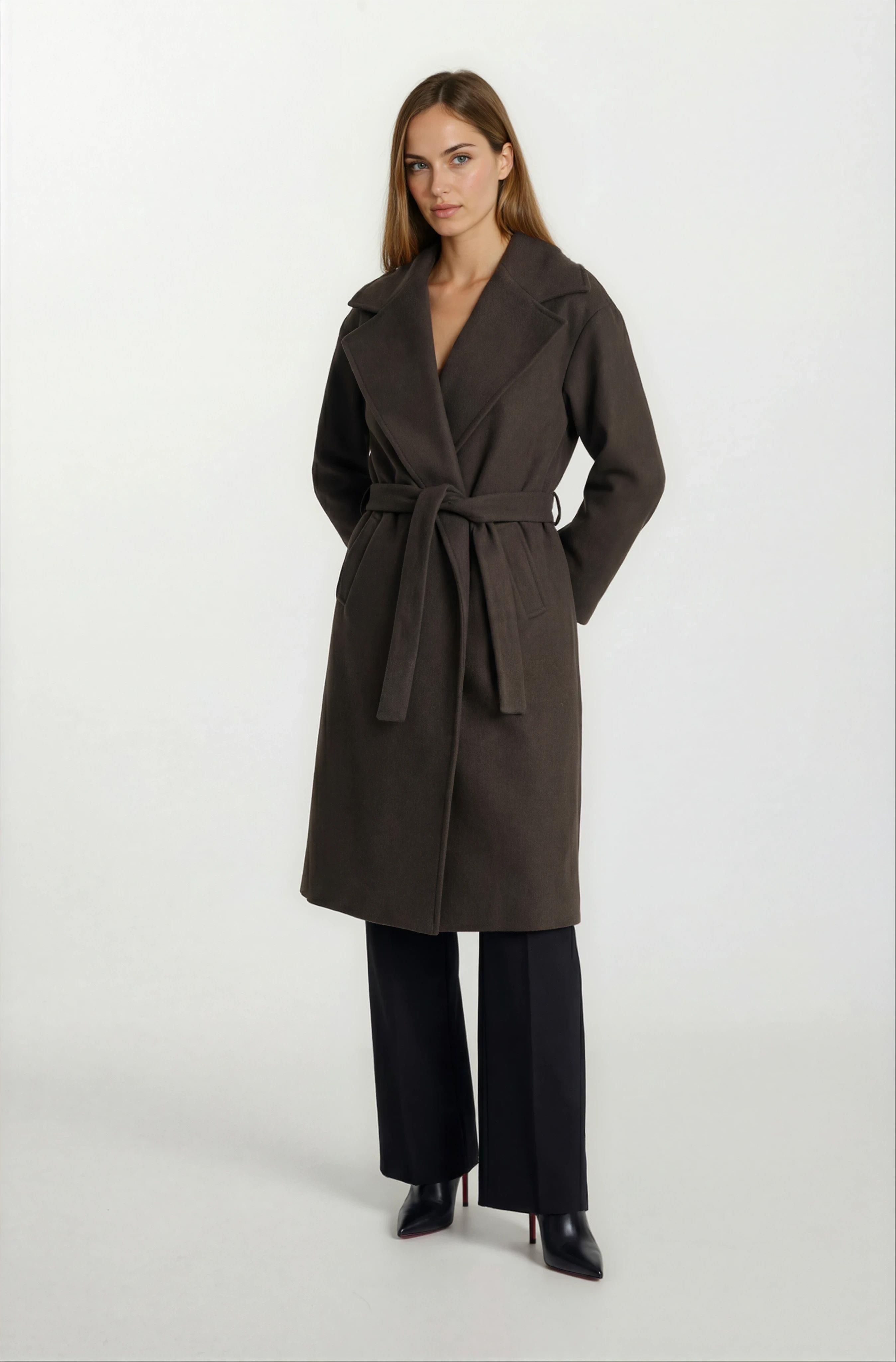 İtaliano Kruvaze Geniş Yaka Kuşaklı Kaban KAHVE