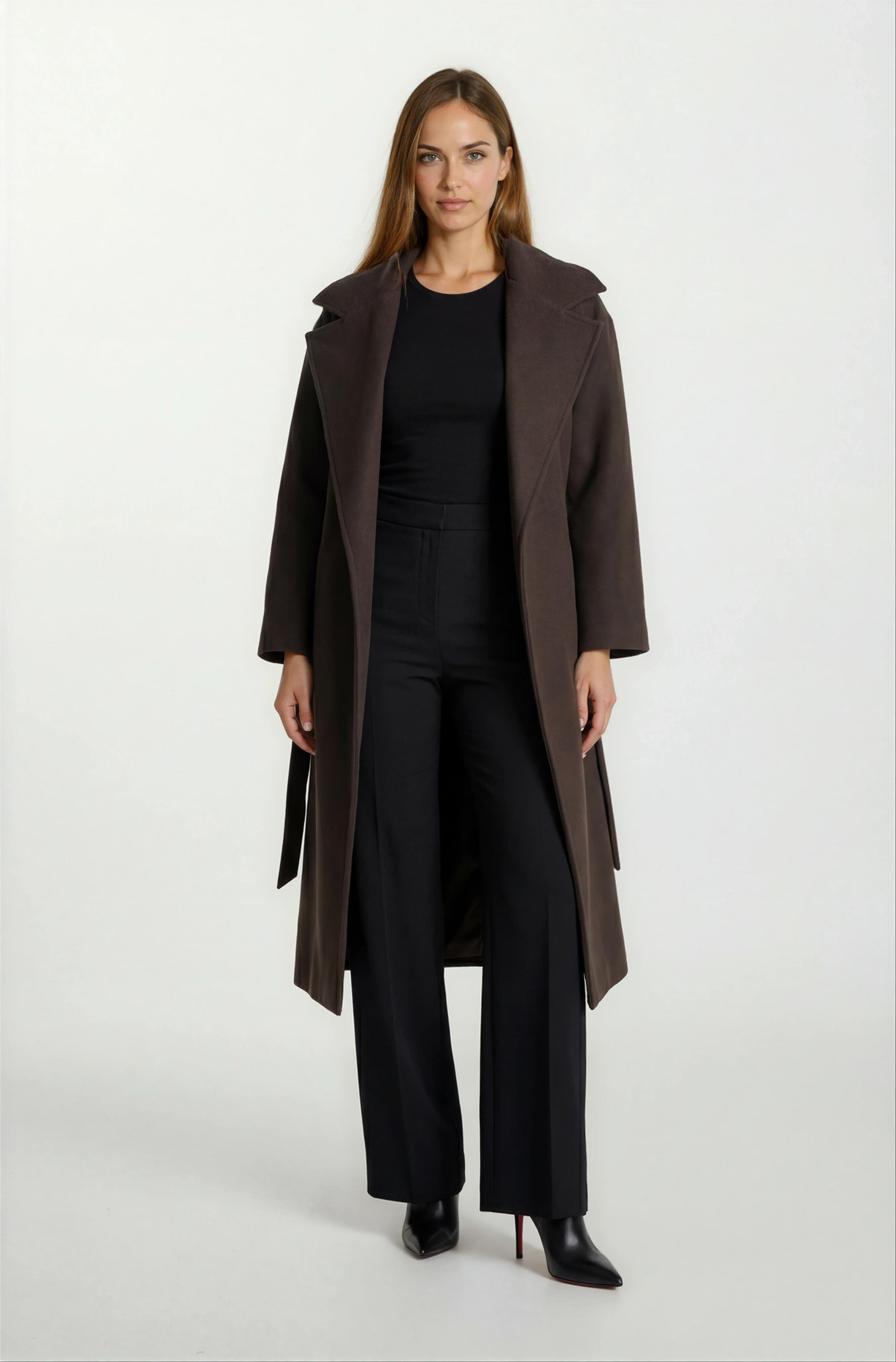 İtaliano Kruvaze Geniş Yaka Kuşaklı Kaban KAHVE