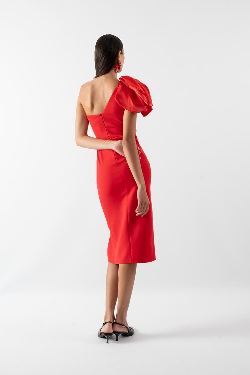 İtalio Üst Organze Tek Omuz Fiyonklu Drapeli Yırtmaçlı Kısa Abiye Elbise KIRMIZI
