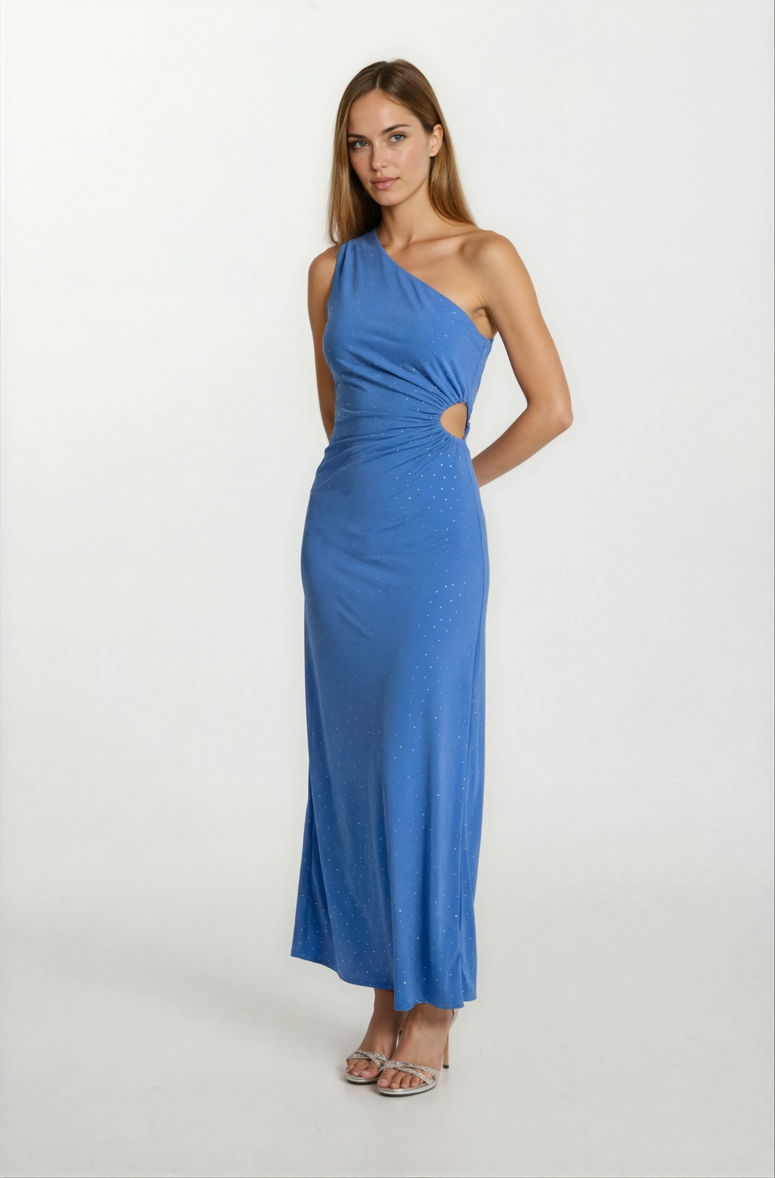 İvano Tek Omuz Yan Pencere Detaylı Uzun Abiye Elbise MAVİ