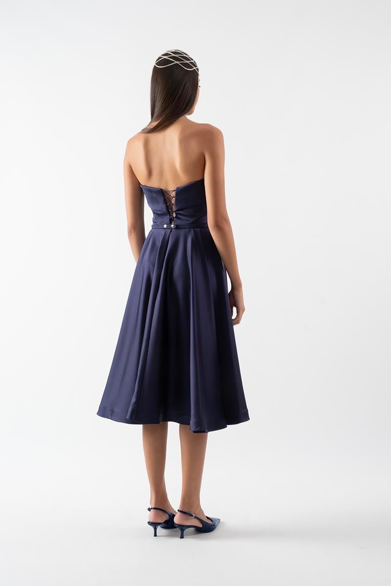 İvette Straplez Sırt Çapraz Bağcıklı Kloş Kısa Abiye Elbise LACİVERT