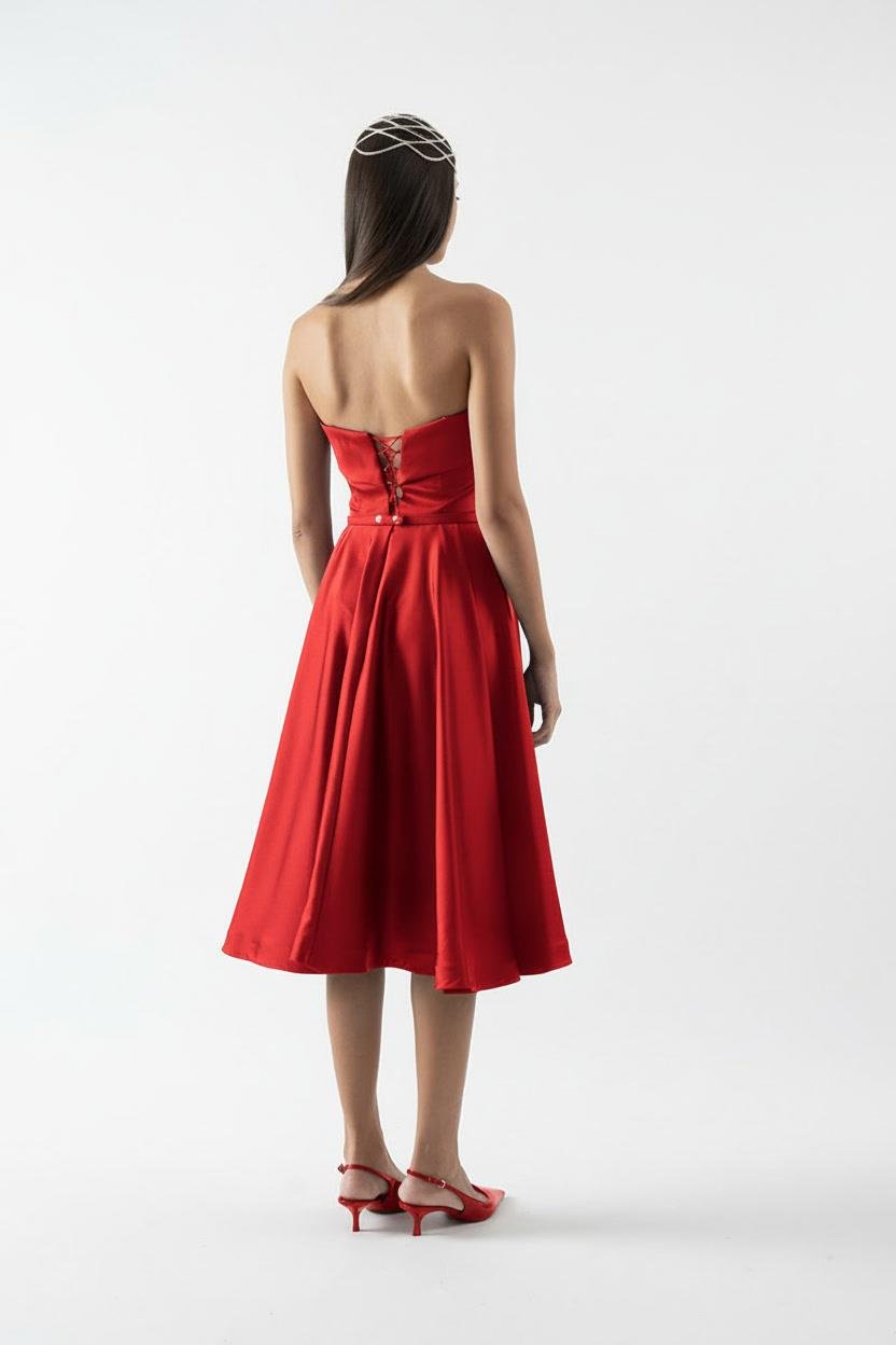 İvette Straplez Sırt Çapraz Bağcıklı Kloş Kısa Abiye Elbise BORDO