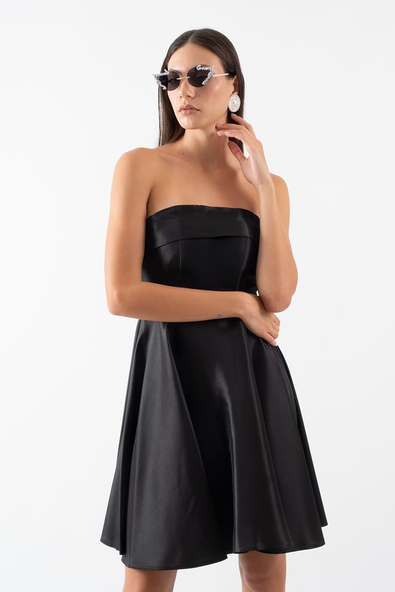 İvona Straplez Yaka Mini Abiye Elbise SİYAH