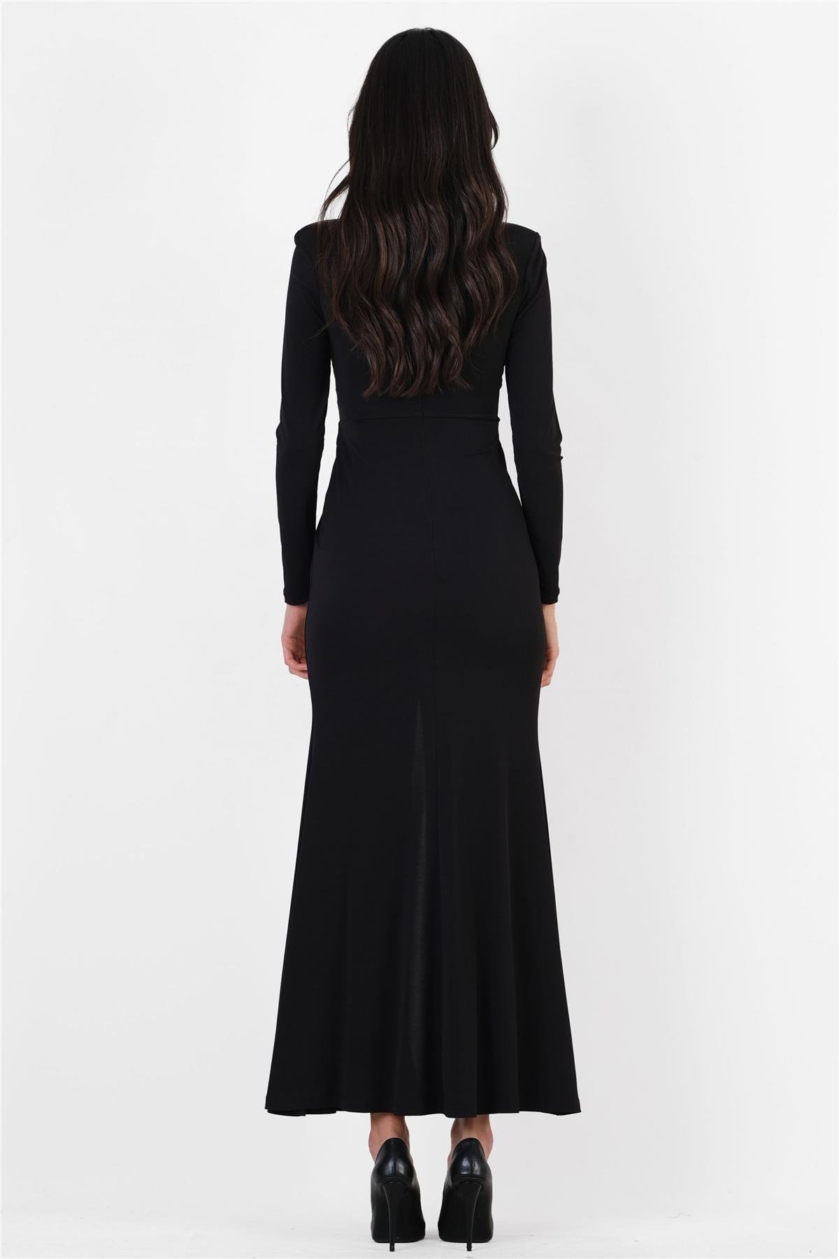 İvonetto V Yaka Saten Kuşaklı Büzgülü Yırtmaçlı Uzun Abiye Elbise SİYAH