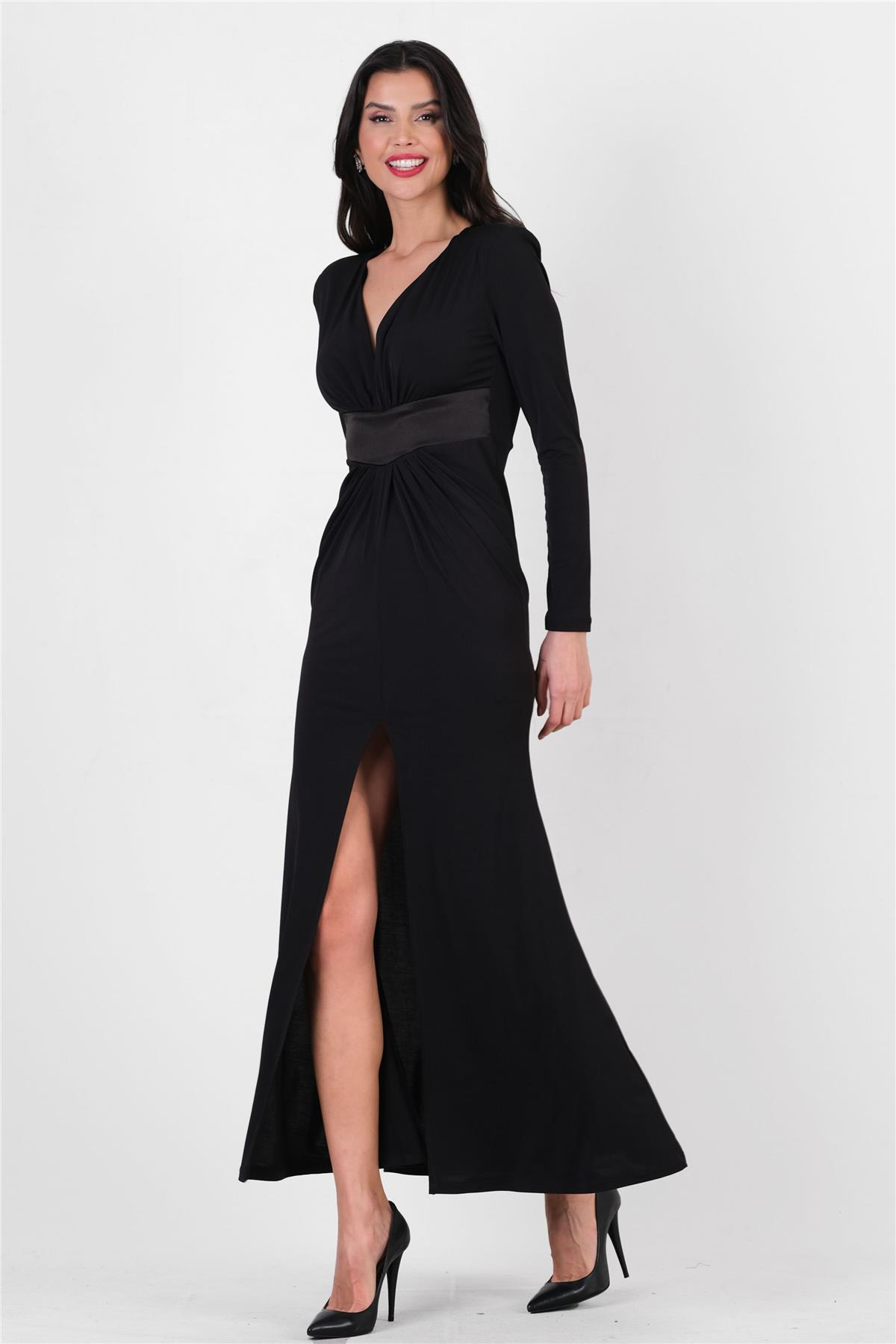 İvonetto V Yaka Saten Kuşaklı Büzgülü Yırtmaçlı Uzun Abiye Elbise SİYAH