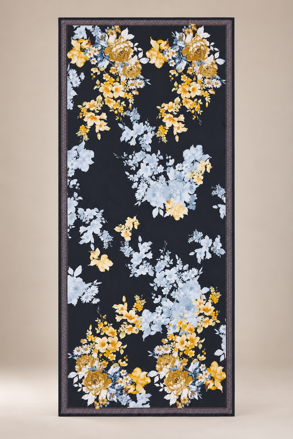 Karışık Çiçek Motiflli Kenarları Bordürlü Şal180 x 85 cm SİYAH