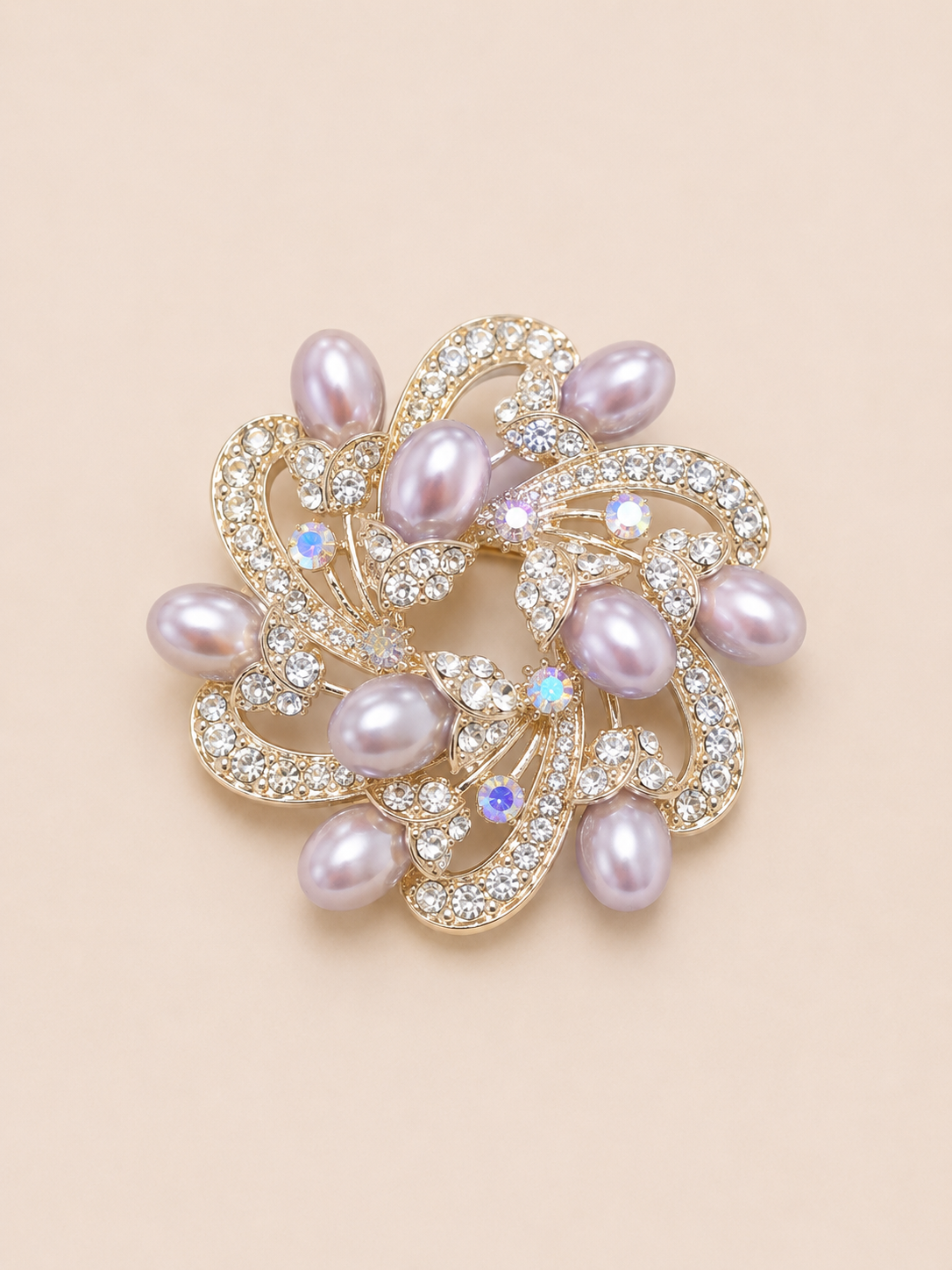Kristal Taşlı İnci Çiçek Broş 4 cm GRİ