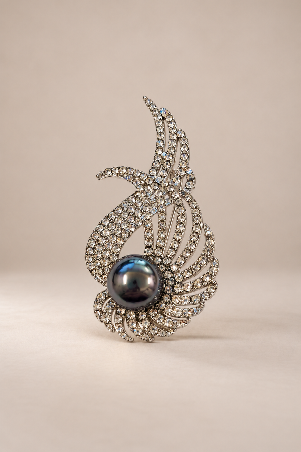 Kristal Taşlı İncili  Broş 6 cm GÜMÜŞ