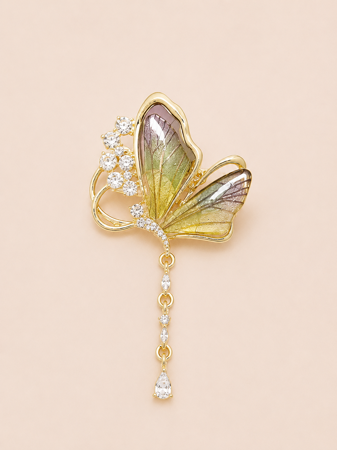 Kristal Taşlı Kelebek Sallantılı Broş 7 cm YEŞİL
