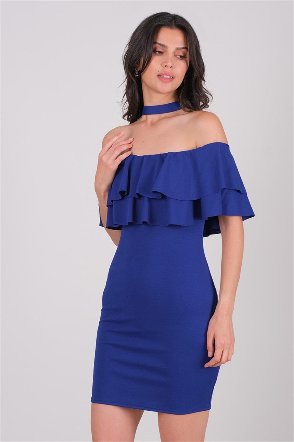 Leimı Boyundan Bağlı Fırfırlı Kısa Abiye Elbise SAKS