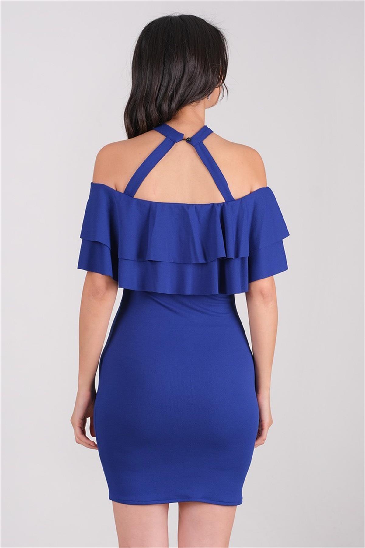 Leimı Boyundan Bağlı Fırfırlı Kısa Abiye Elbise SAKS