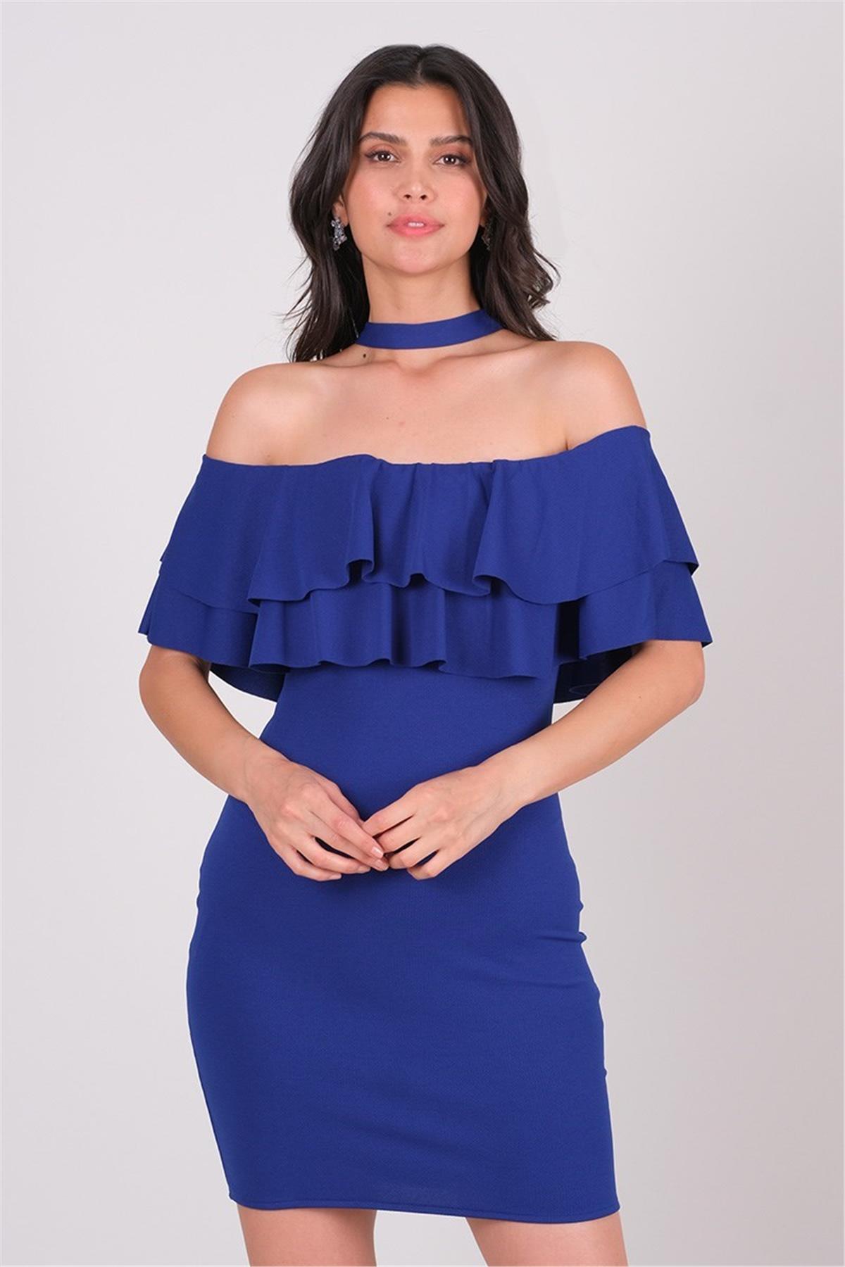 Leimı Boyundan Bağlı Fırfırlı Kısa Abiye Elbise SAKS