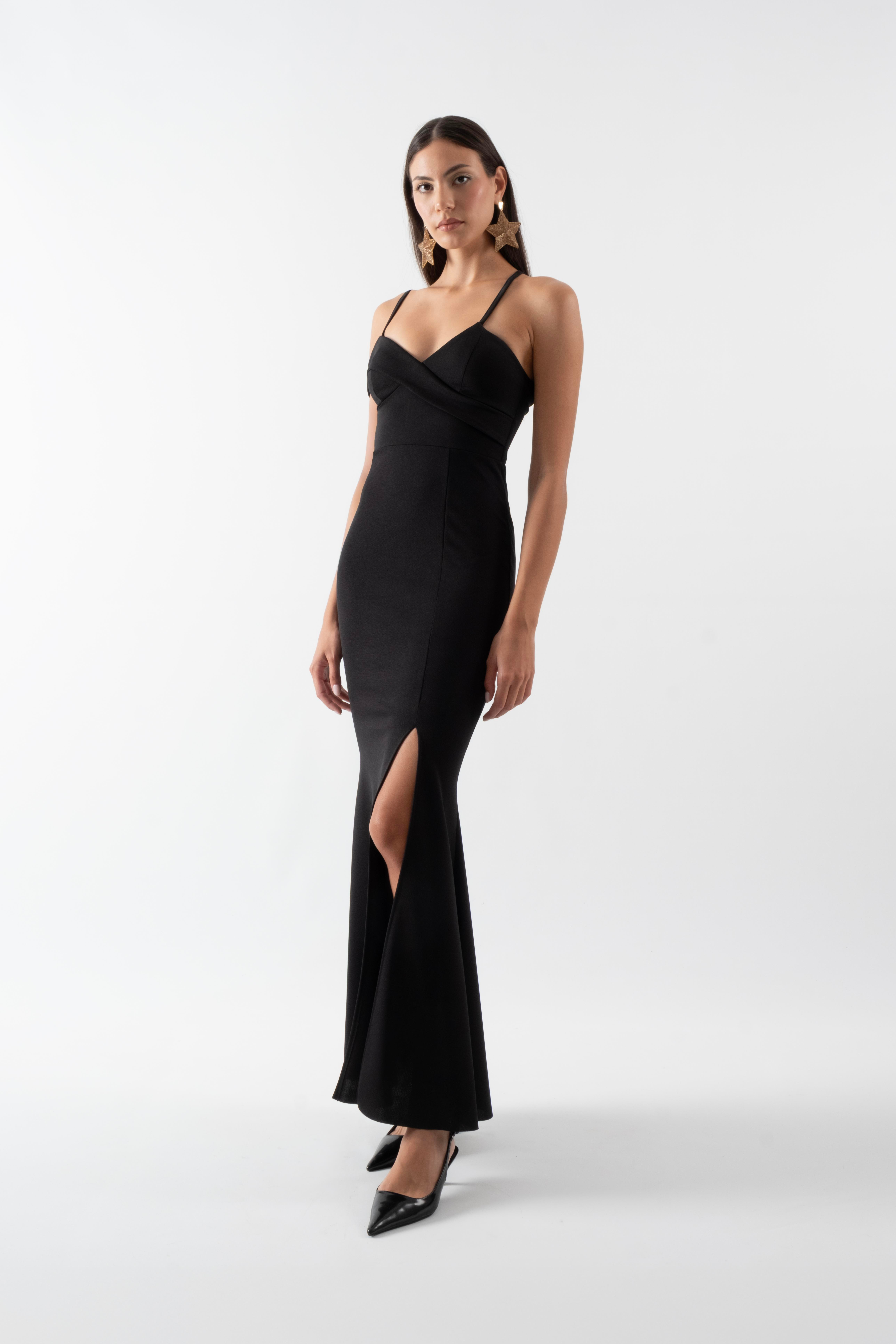 Lemmon İnce Askılı Uzun Abiye Elbise SİYAH