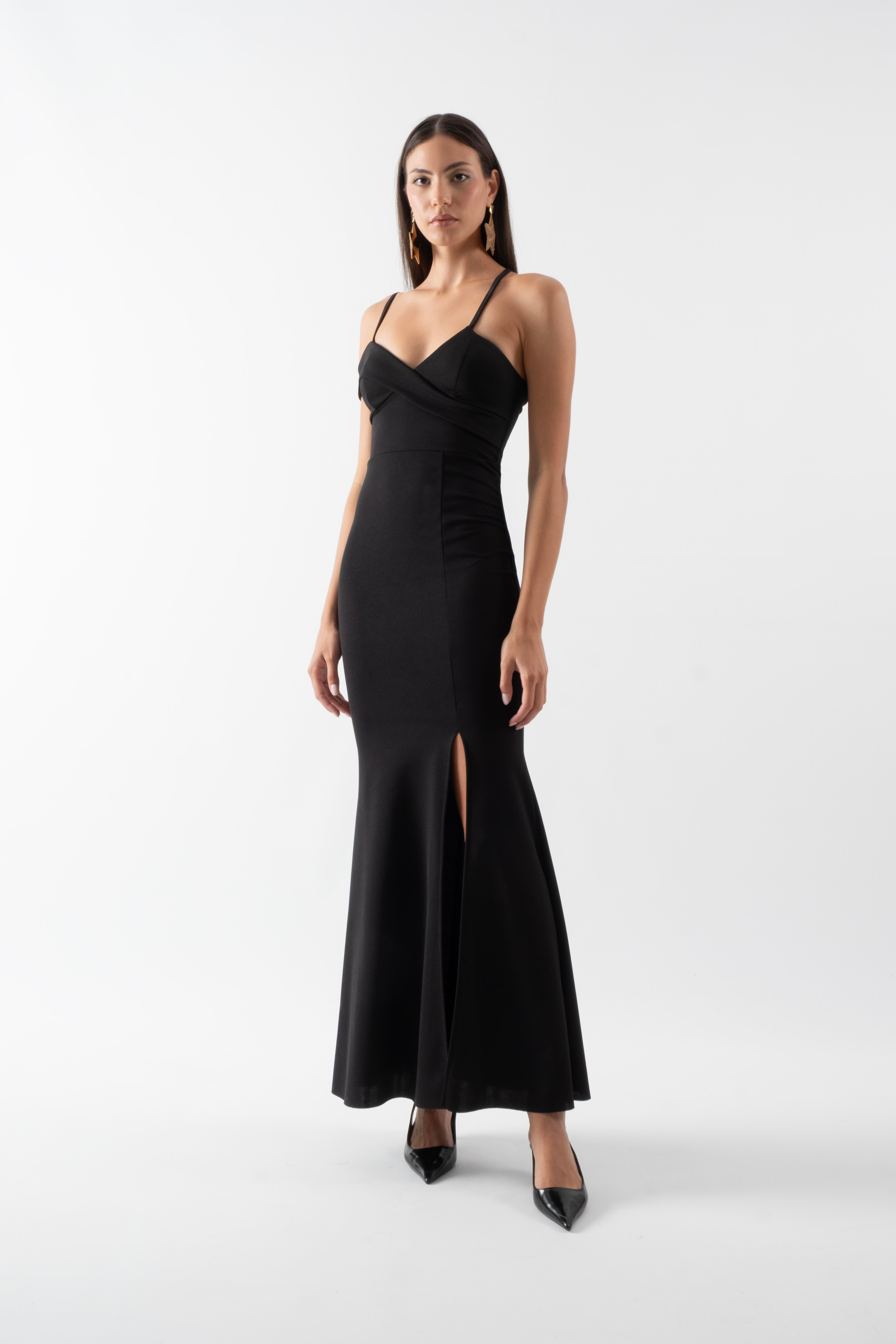 Lemmon İnce Askılı Uzun Abiye Elbise SİYAH