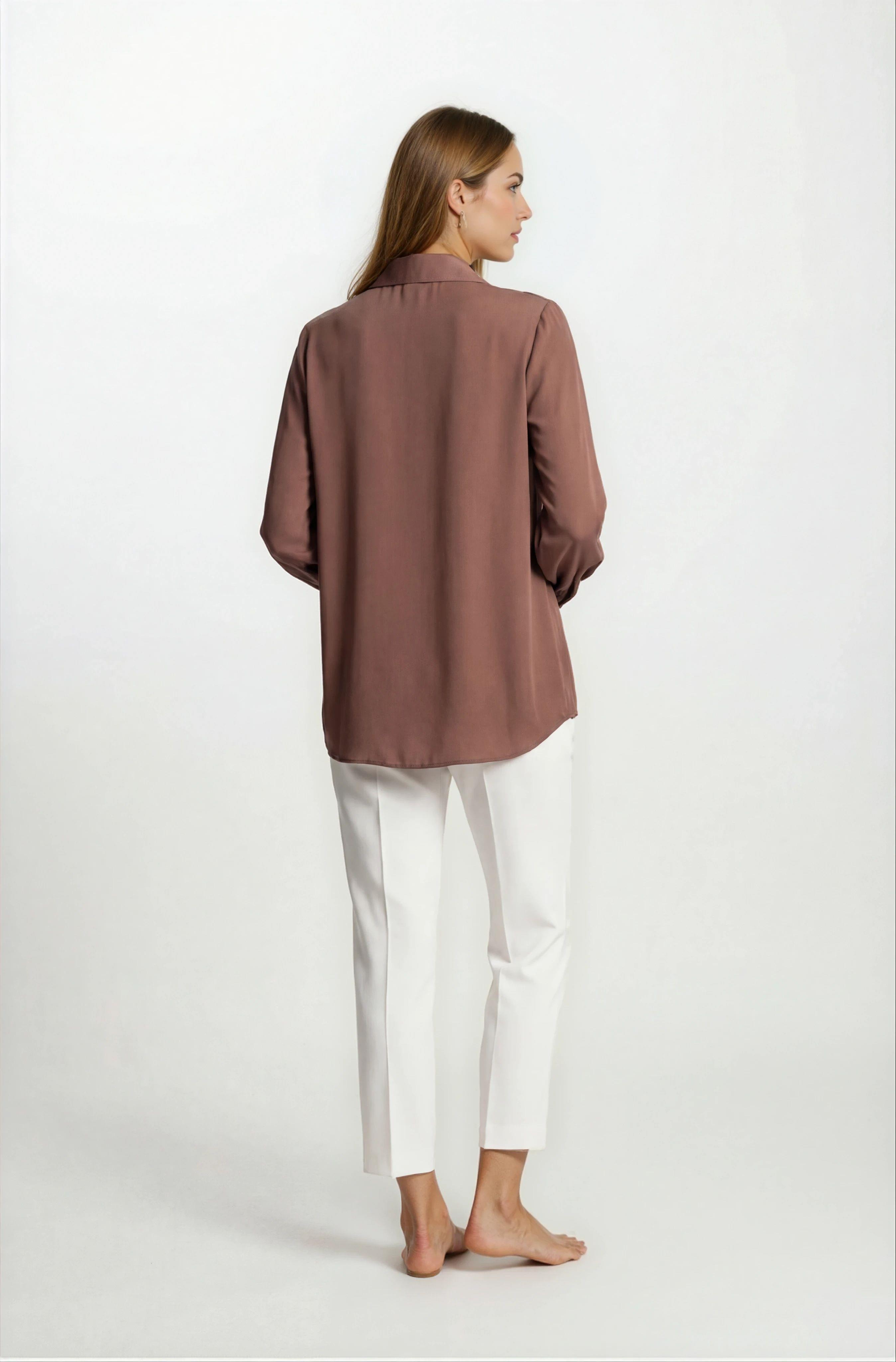 Lluvy Uzun Kollu Gizli Pat Düğmeli Bluz KAHVE