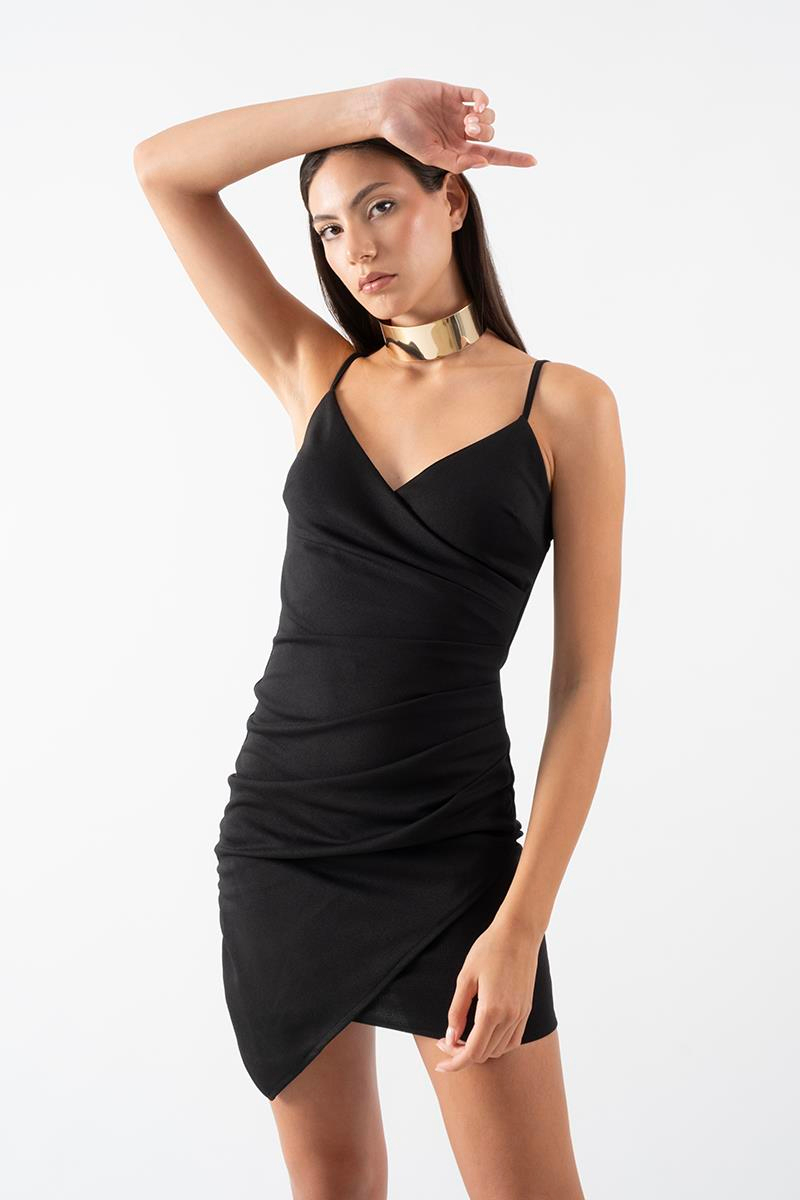 Marga Askılı Asimetrik Kesim Kısa Abiye Elbise SİYAH