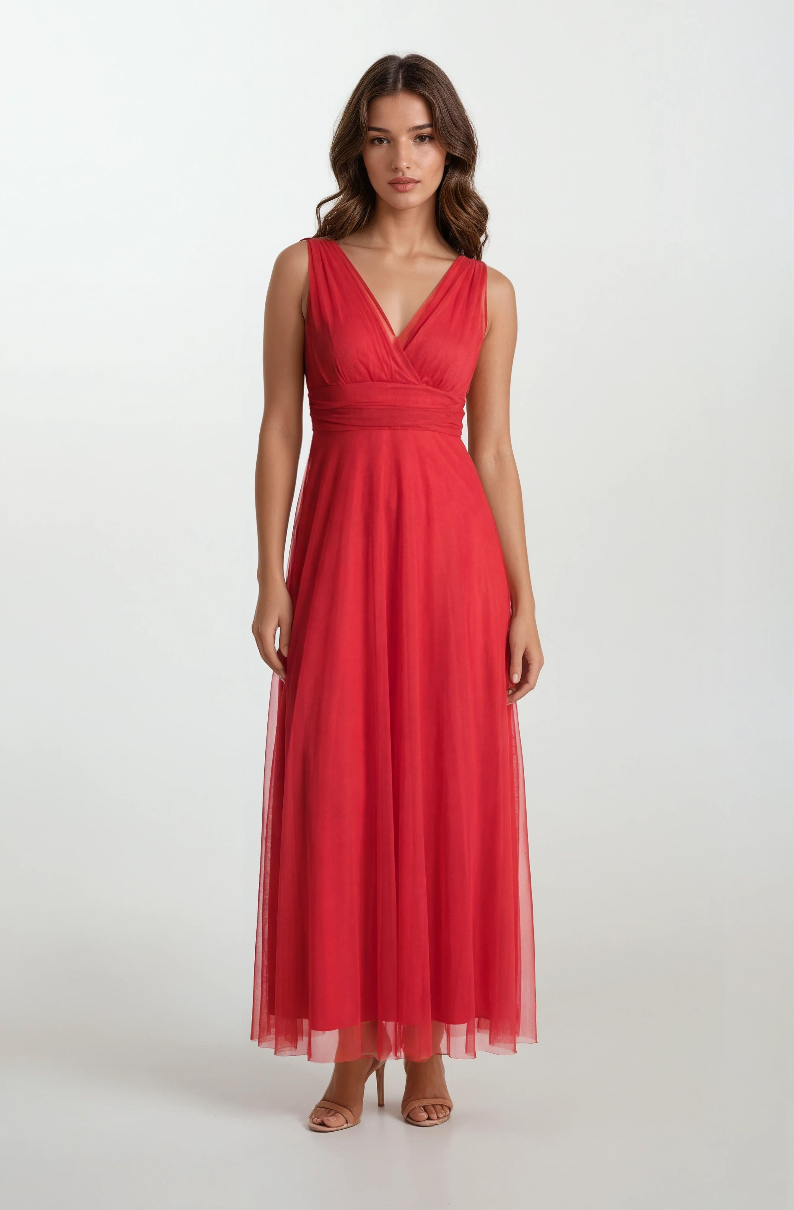 Margaritaı Kruvaze Beli Drapeli Uzun Abiye Elbise KIRMIZI